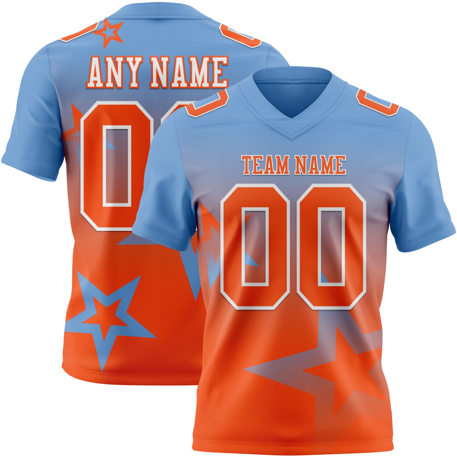 FansIdea Custom Light Blue Orange-White Authentic Gradient Style Twinkle Star Football Jersey - $19.99 at Proof Eyewear