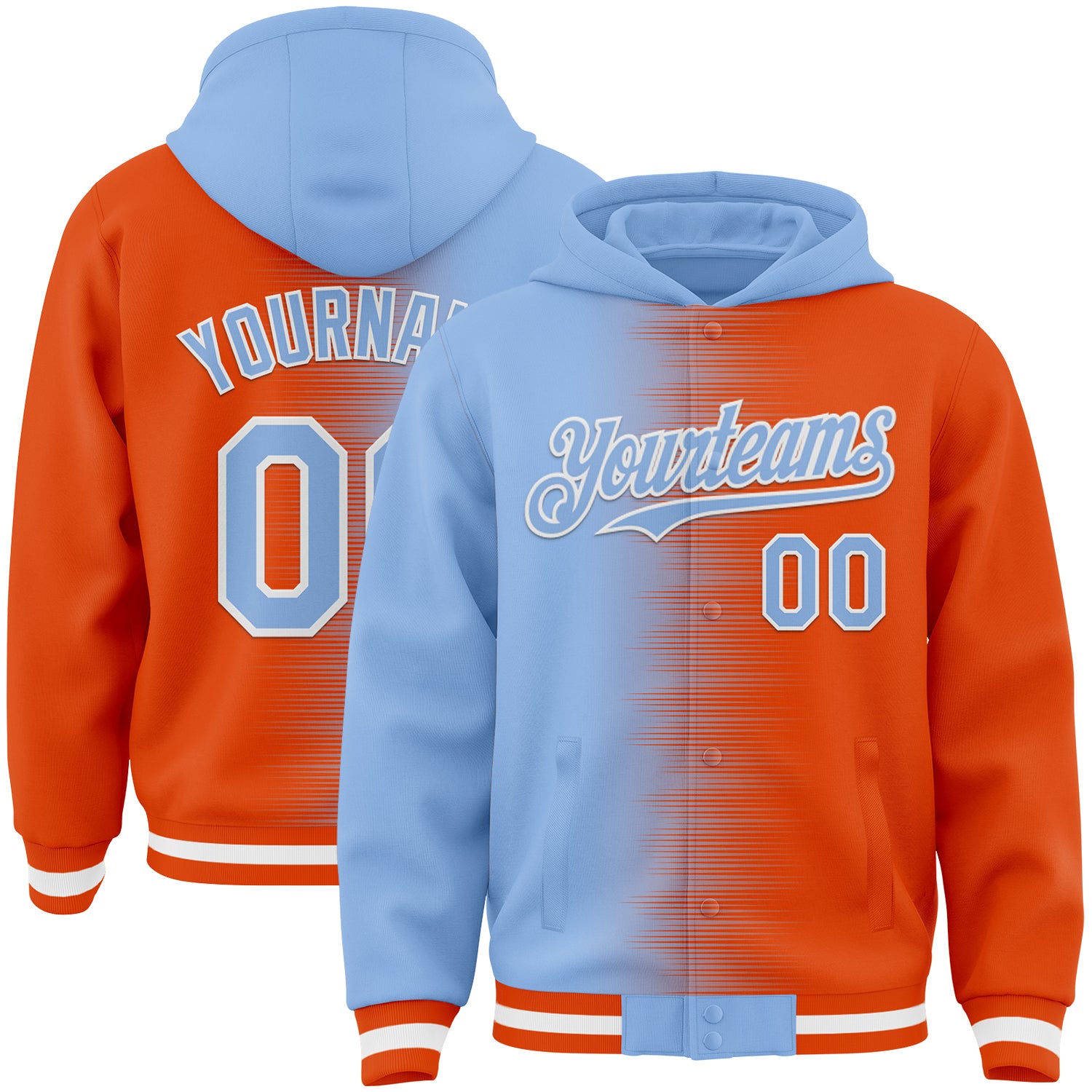 FansIdea Custom Light Blue Orange-White Gradient Line Bomber Full-Snap Varsity Letterman Hoodie Jacket - $38.99 at Proof Eyewear