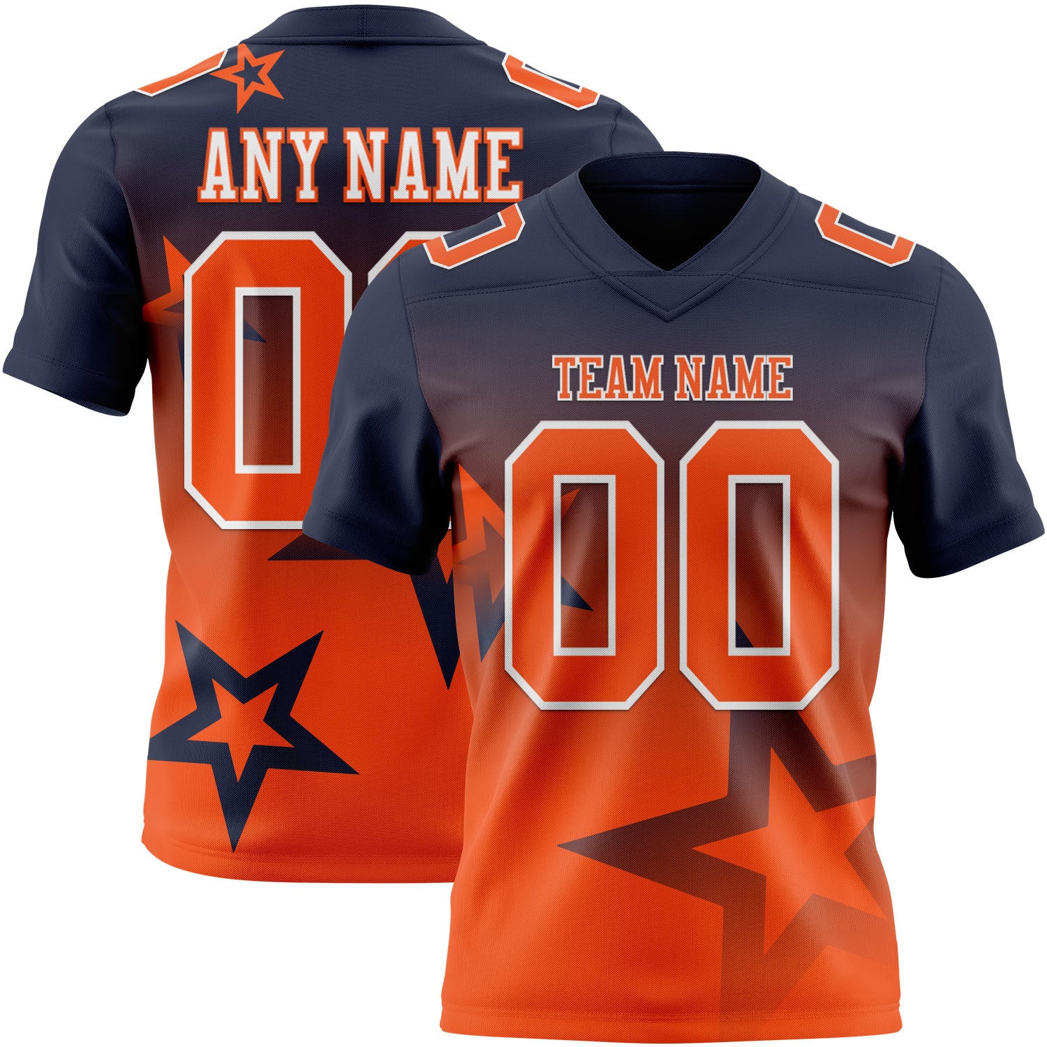 FansIdea Custom Navy Orange-White Authentic Gradient Style Twinkle Star Football Jersey - $19.99 at Proof Eyewear