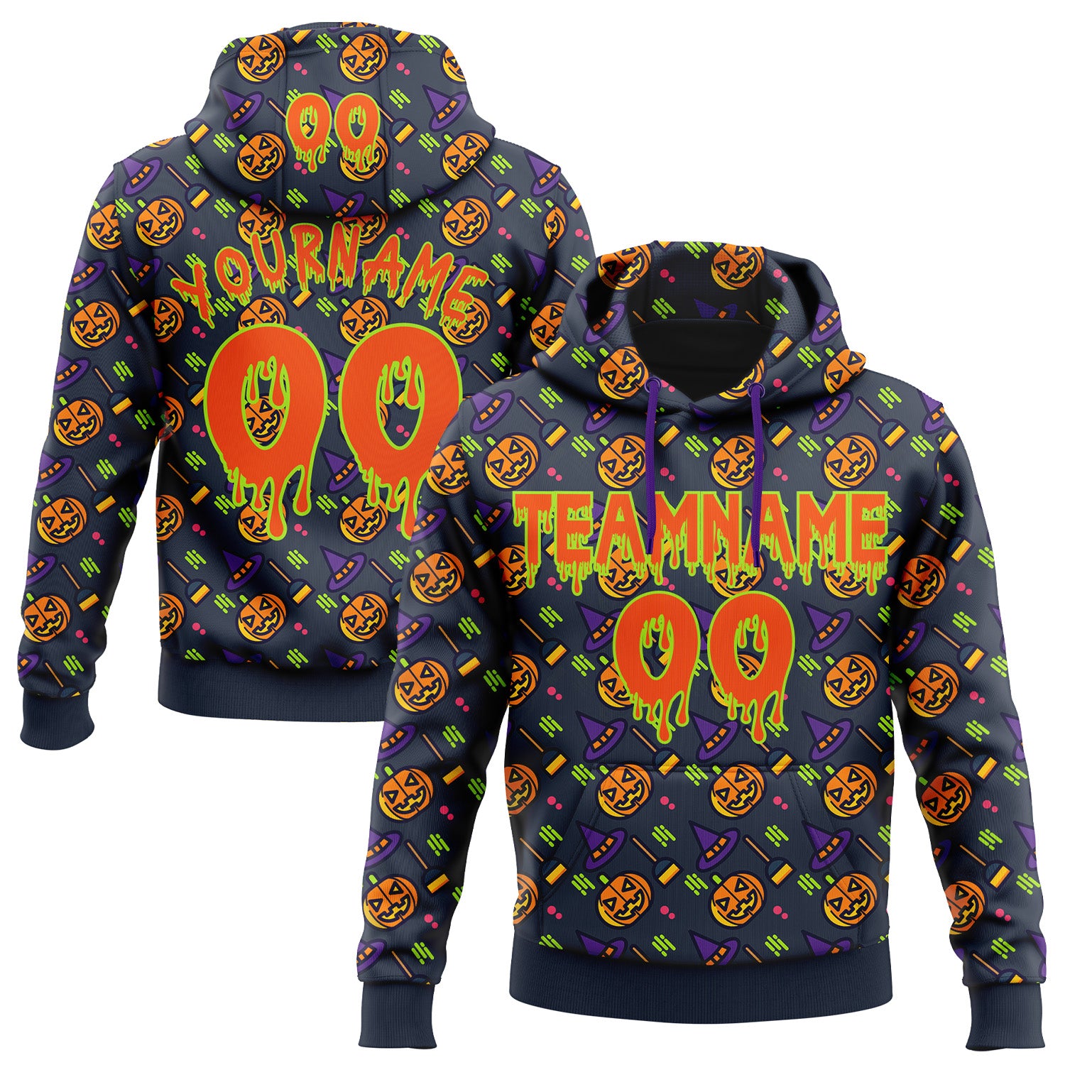 FansIdea Custom  Navy Orange-Neon Green Halloween Pumpkin Head Pullover Sweatshirt Hoodie - $32.99 at Proof Eyewear