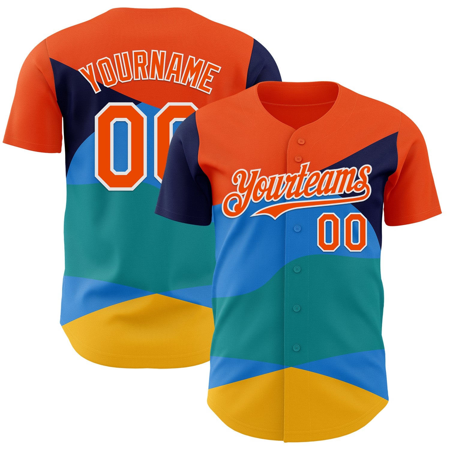 FansIdea Custom Orange Blue Yellow-White Geometric Patchwork Asymmetry Wave Color Block Authentic Baseball Jersey - $29.99 at Proof Eyewear