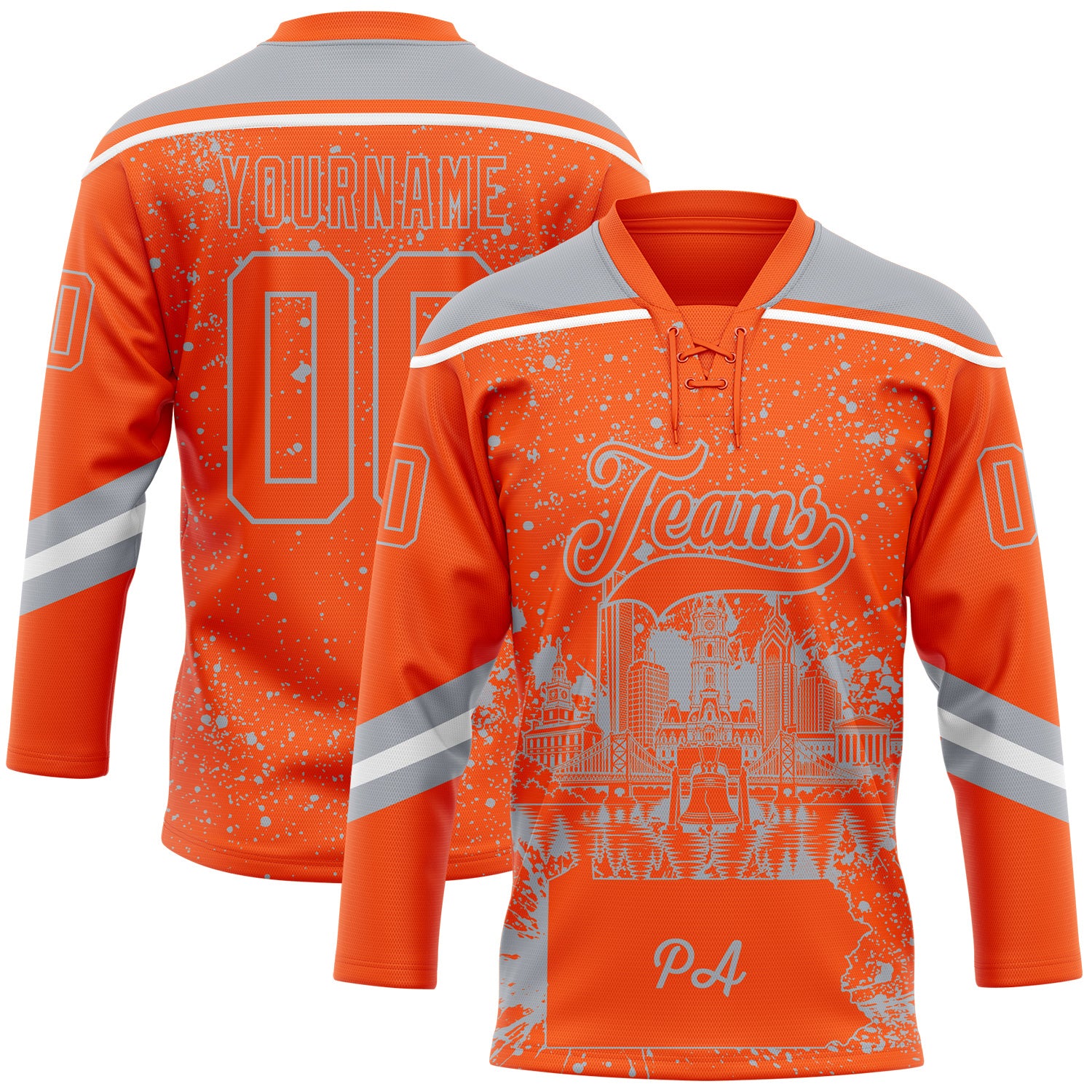 FansIdea Custom Orange Gray-White Philadelphia PA City Skyline State Pride Paint Splatter Lace Neck Hockey Jersey - $29.99 at Proof Eyewear