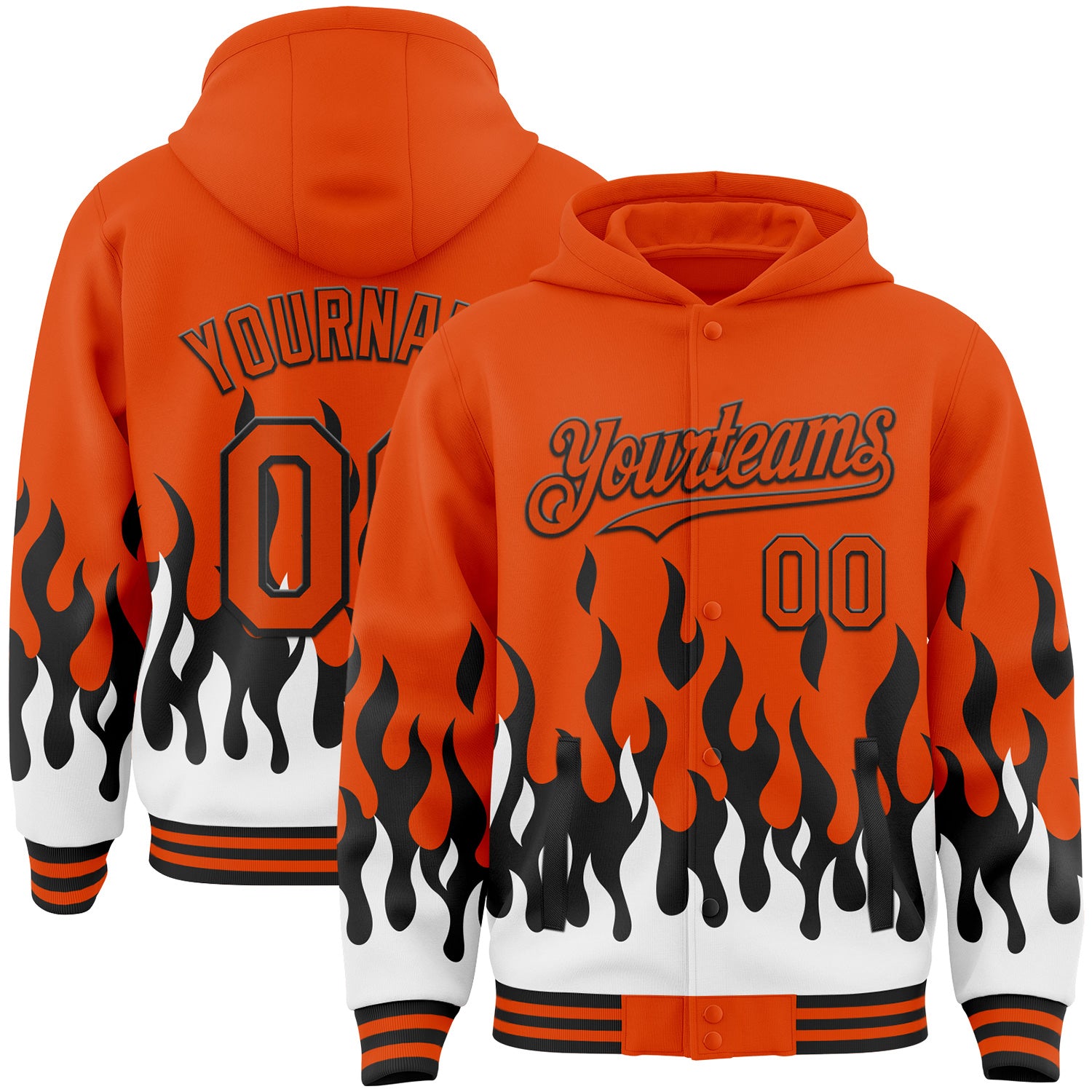 FansIdea Custom Orange Black-White Fire Flame Bomber Full-Snap Varsity Letterman Hoodie Jacket - $38.99 at Proof Eyewear