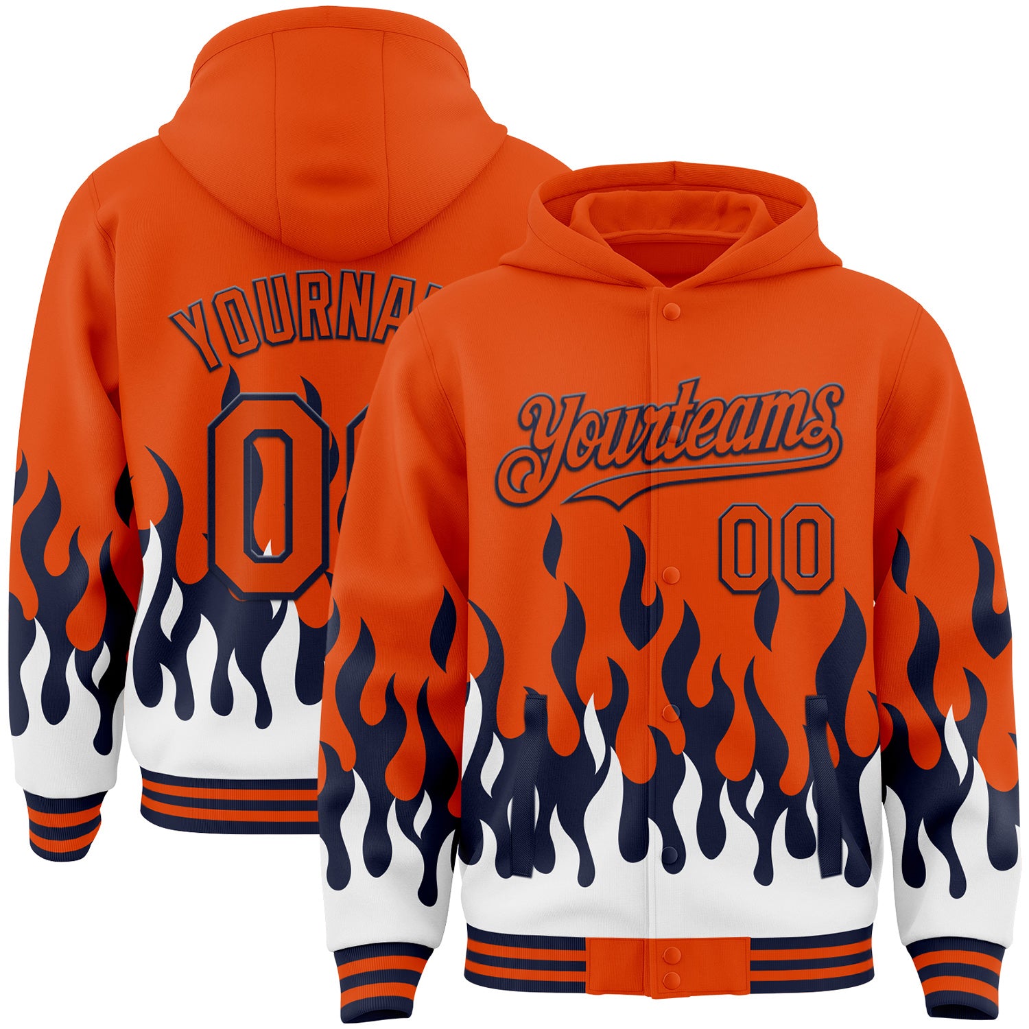 FansIdea Custom Orange Navy-White Fire Flame Bomber Full-Snap Varsity Letterman Hoodie Jacket - $38.99 at Proof Eyewear