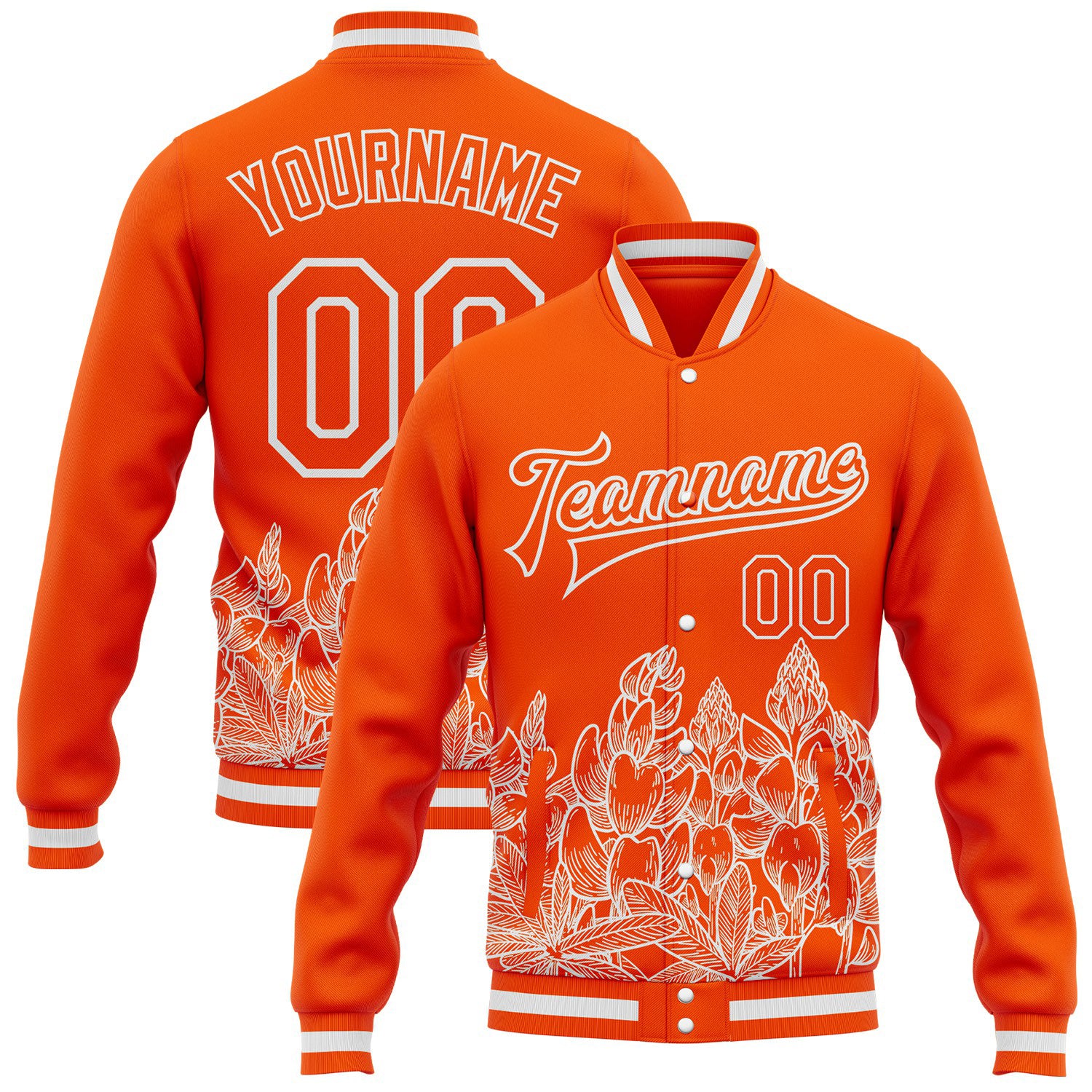 FansIdea Custom Orange-White Texas State Flower Bluebonnet Bomber Full-Snap Varsity Letterman Jacket - $38.99 at Proof Eyewear