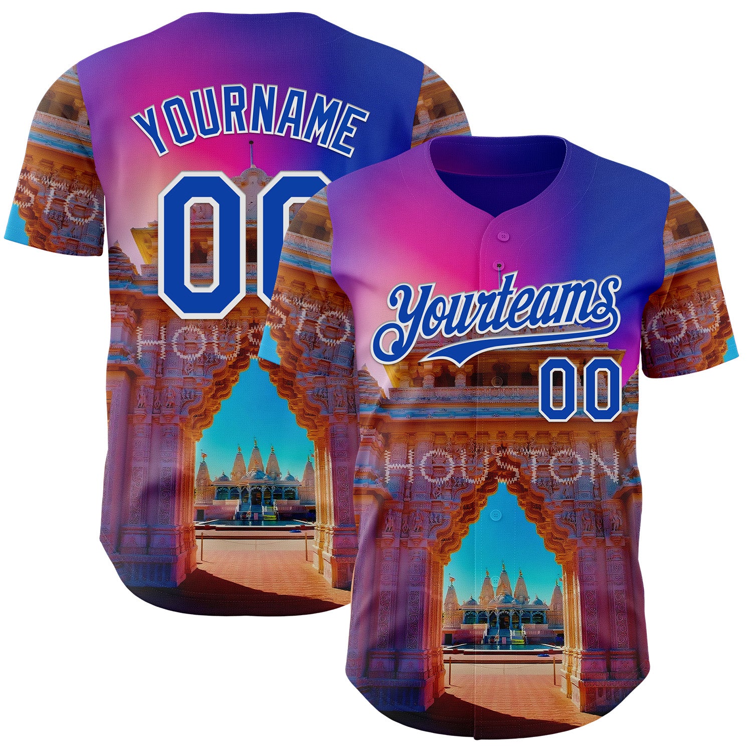 FansIdea Custom Pink Thunder Blue Orange-White Houston Texas Hindu Temple Landmark City Symbol Authentic Baseball Jersey - $29.99 at Proof Eyewear