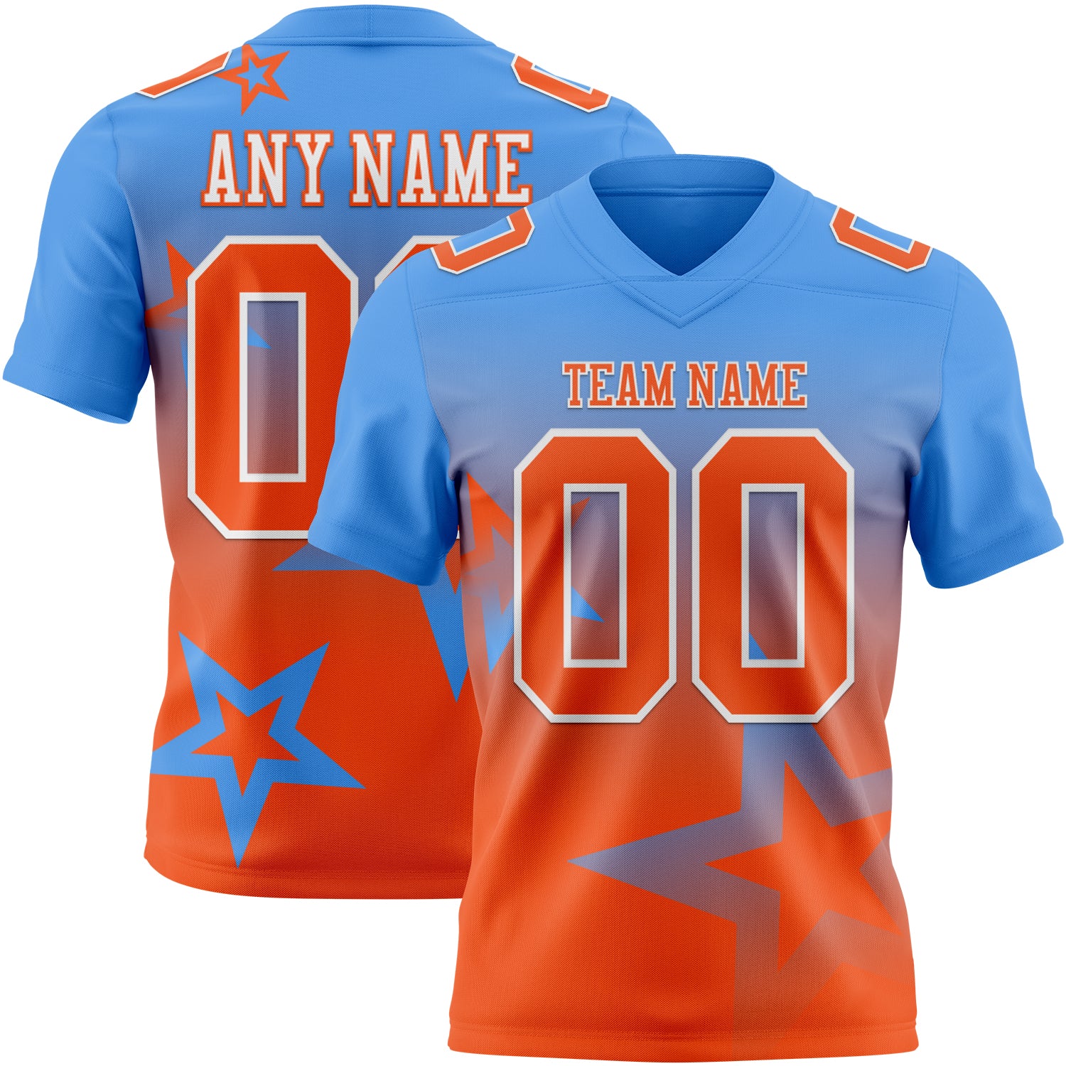 FansIdea Custom Powder Blue Orange-White Authentic Gradient Style Twinkle Star Football Jersey - $19.99 at Proof Eyewear