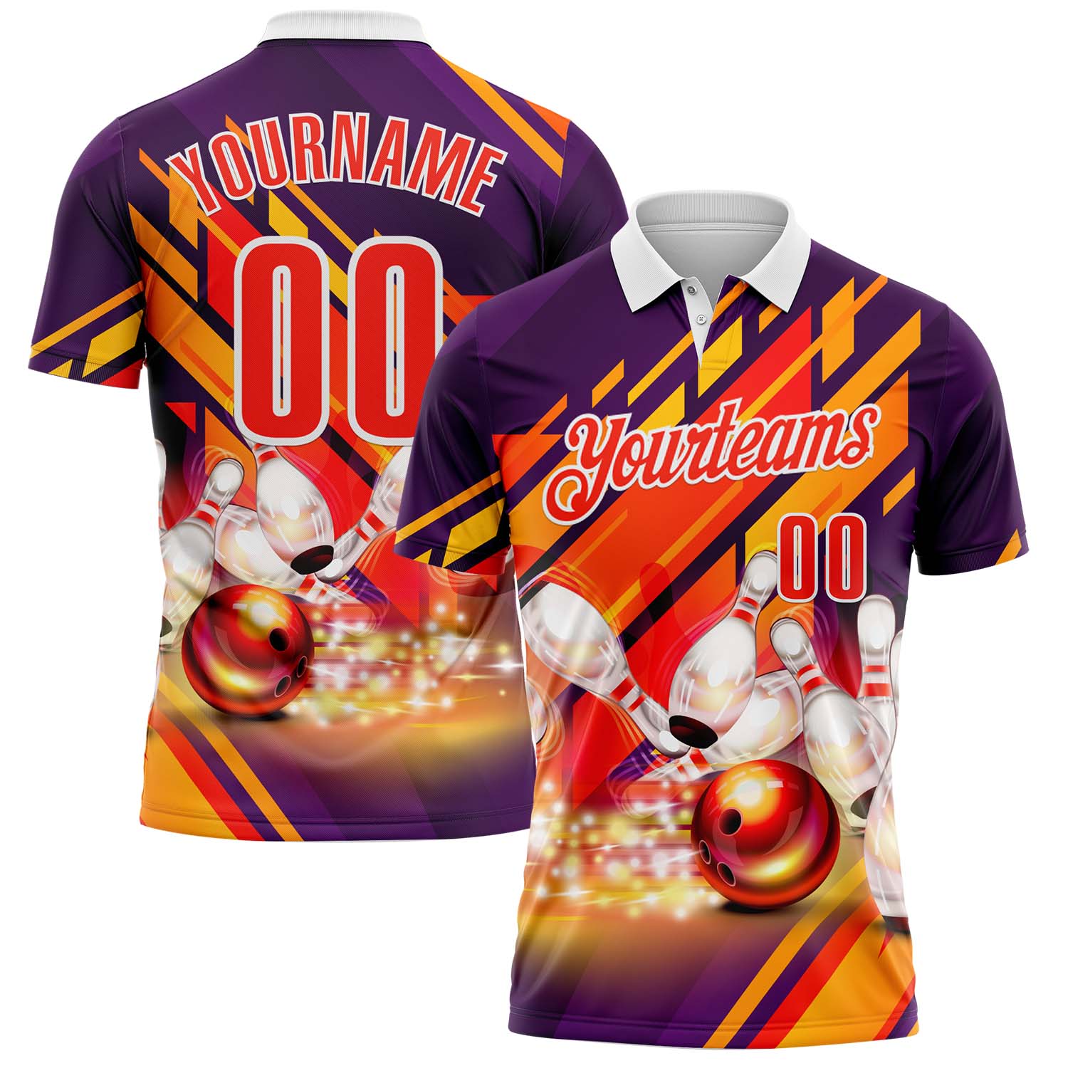 FansIdea Custom Purple Orange-White Bowling Strike Colorful Performance Polo Shirt - $19.99 at Proof Eyewear