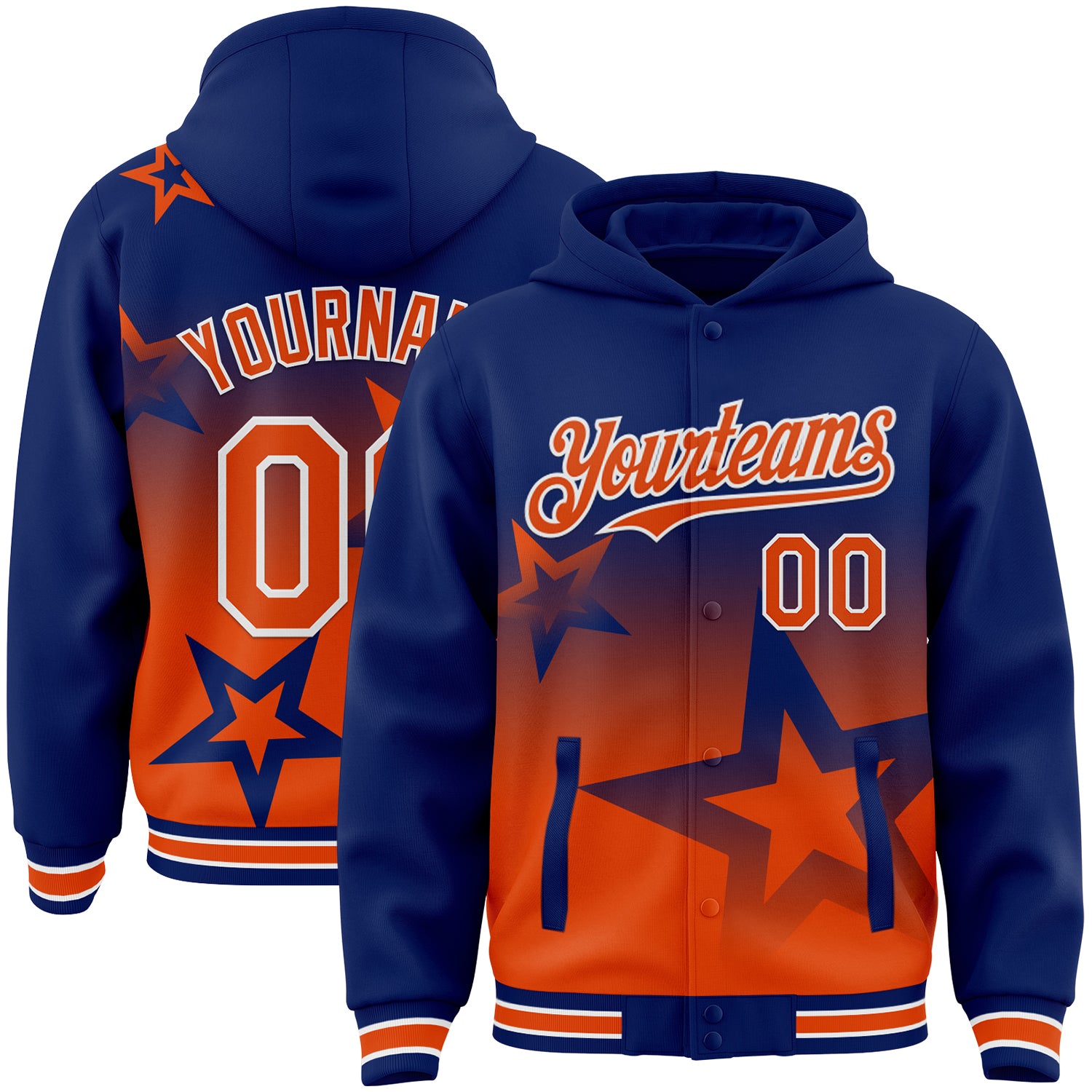 Custom Royal Orange-White Gradient Style Twinkle Star Bomber Full-Snap Varsity Letterman Hoodie Jacket