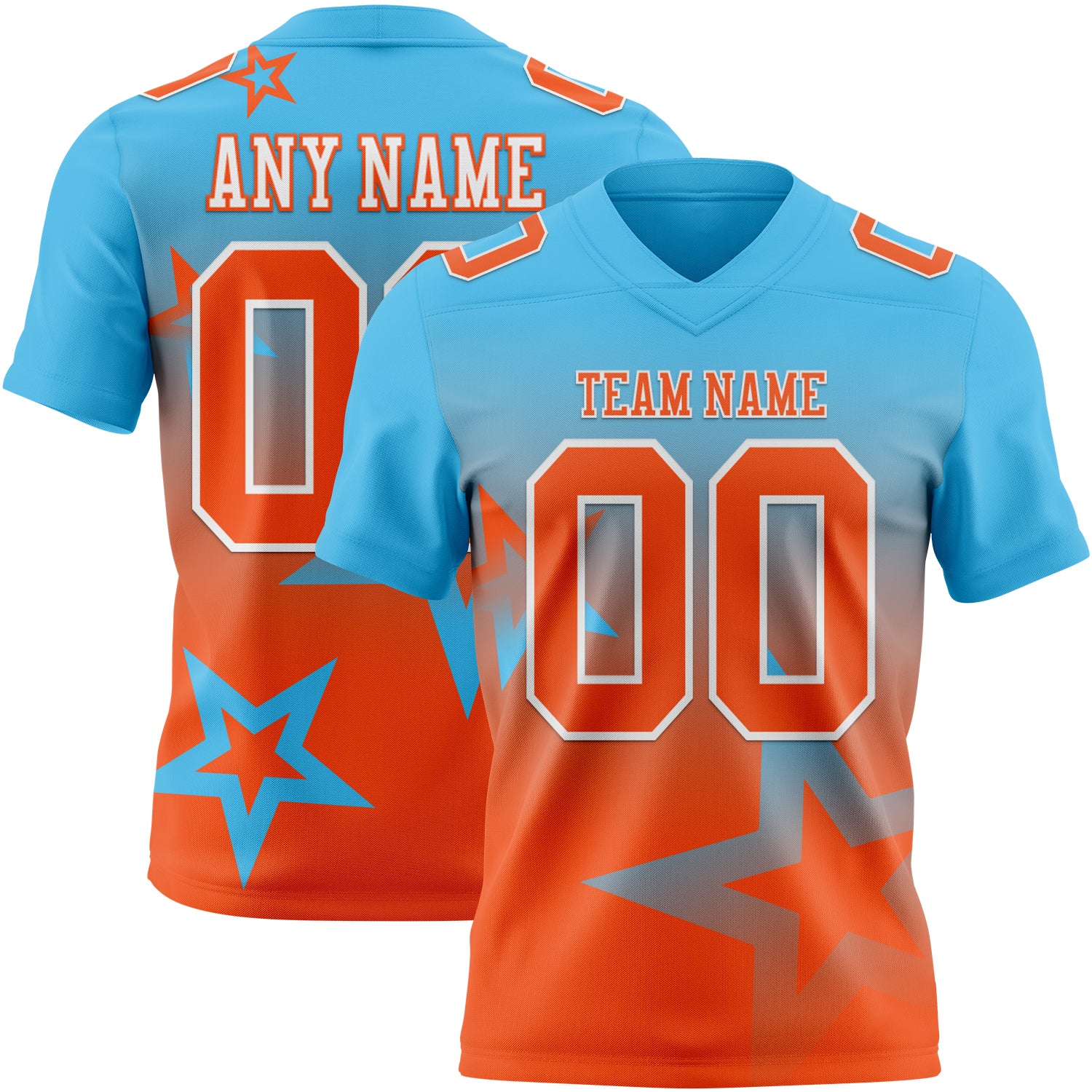 FansIdea Custom Sky Blue Orange-White Authentic Gradient Style Twinkle Star Football Jersey - $19.99 at Proof Eyewear