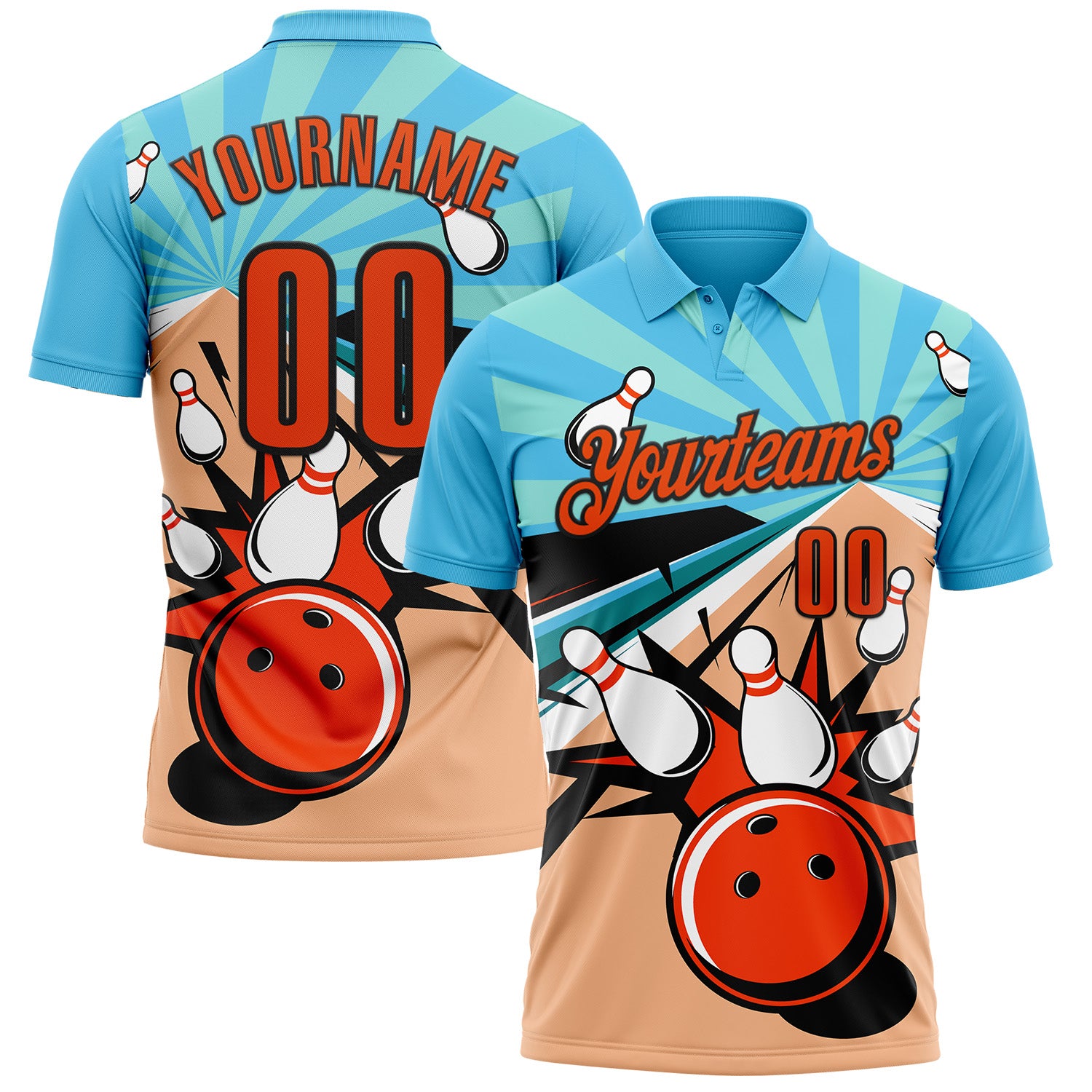 FansIdea Custom Sky Blue Orange-Black Bowling Ball And Pins Strike Performance Polo Shirt - $19.99 at Proof Eyewear