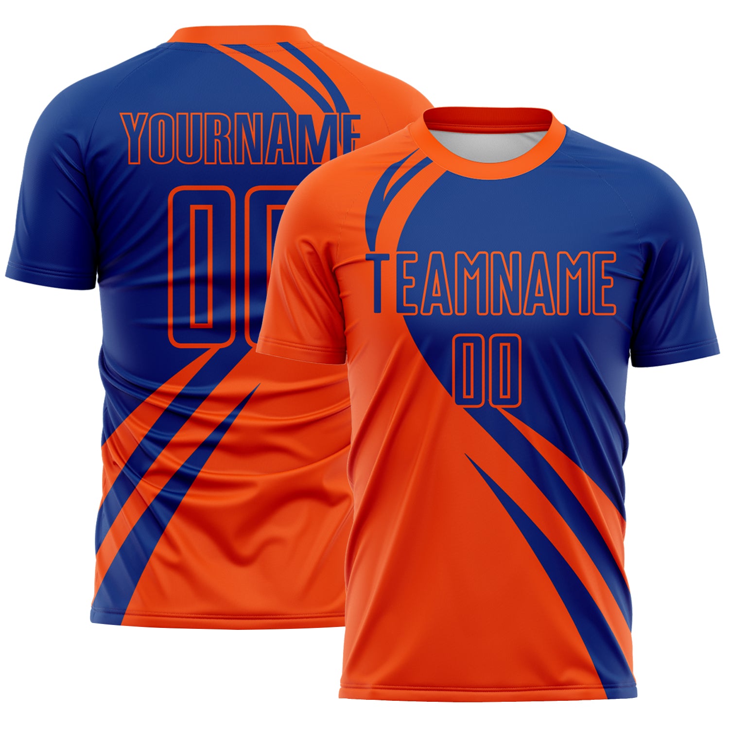 FansIdea Custom Orange Royal Diagonal Streamline Color Block Swirl Curve Lines Sublimation Soccer Uniform Jersey - $16.99 at Proof Eyewear