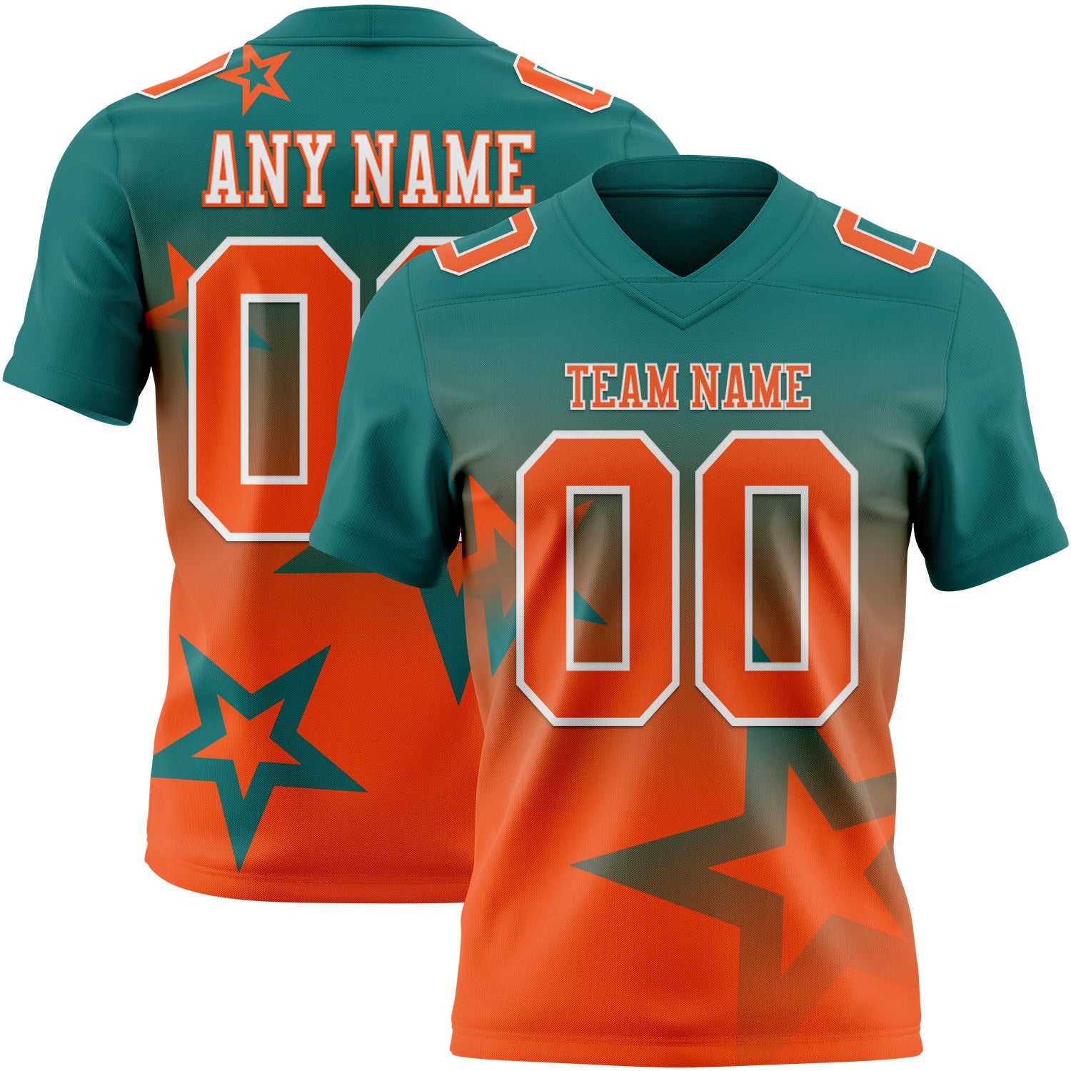 FansIdea Custom Teal Orange-White Authentic Gradient Style Twinkle Star Football Jersey - $19.99 at Proof Eyewear