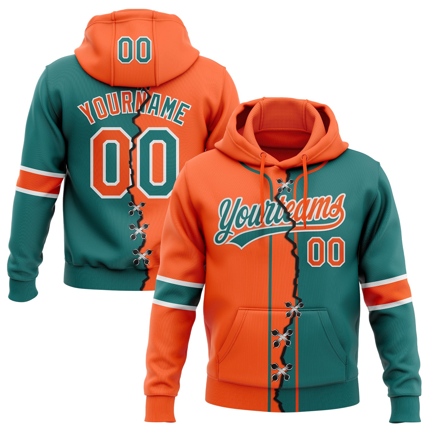 FansIdea Custom Teal Orange-White Split Ripped Pattern Baseball Pullover Sweatshirt Hoodie - $32.99 at Proof Eyewear