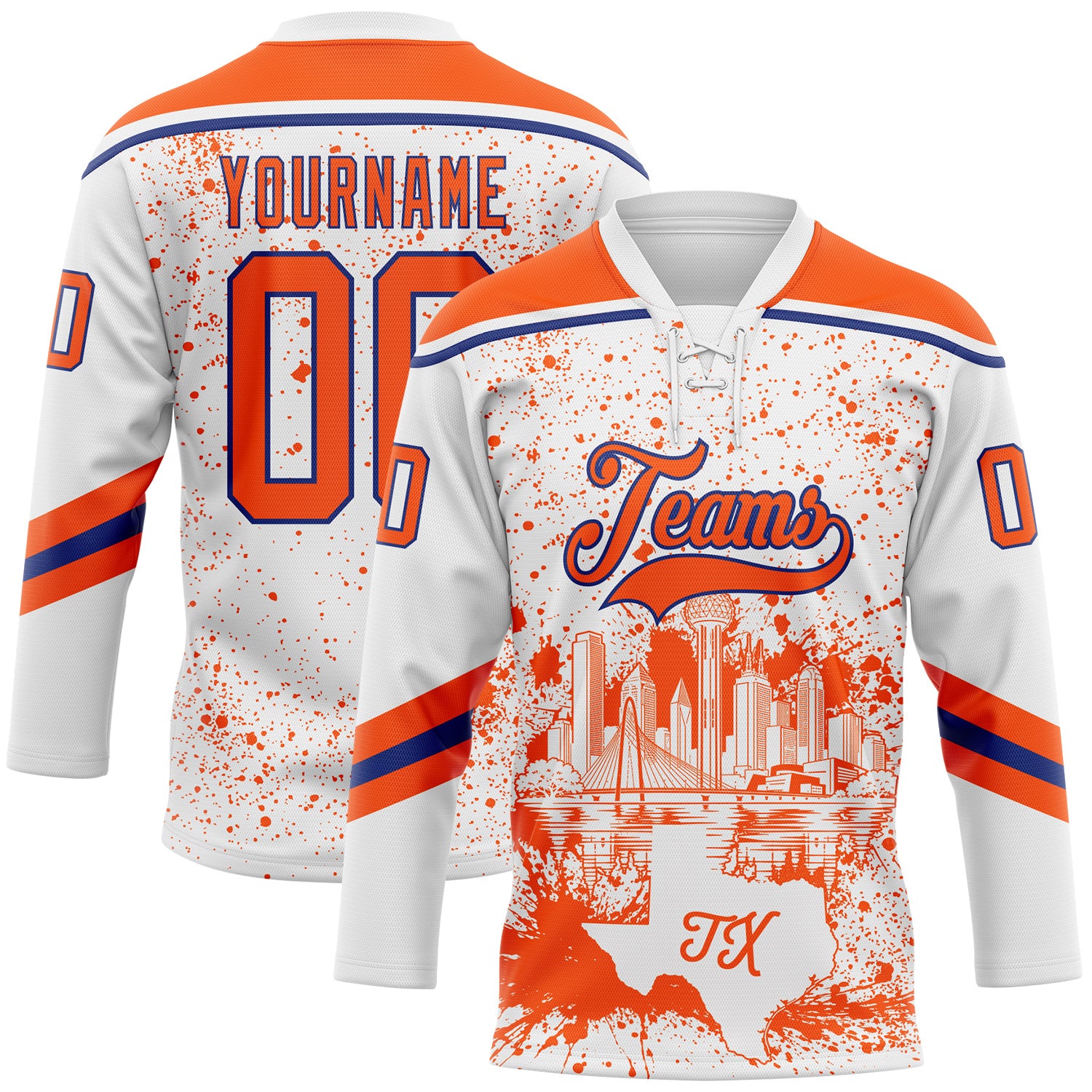 FansIdea Custom White Orange-Royal Dallas TX City Skyline State Pride Paint Splatter Lace Neck Hockey Jersey - $29.99 at Proof Eyewear