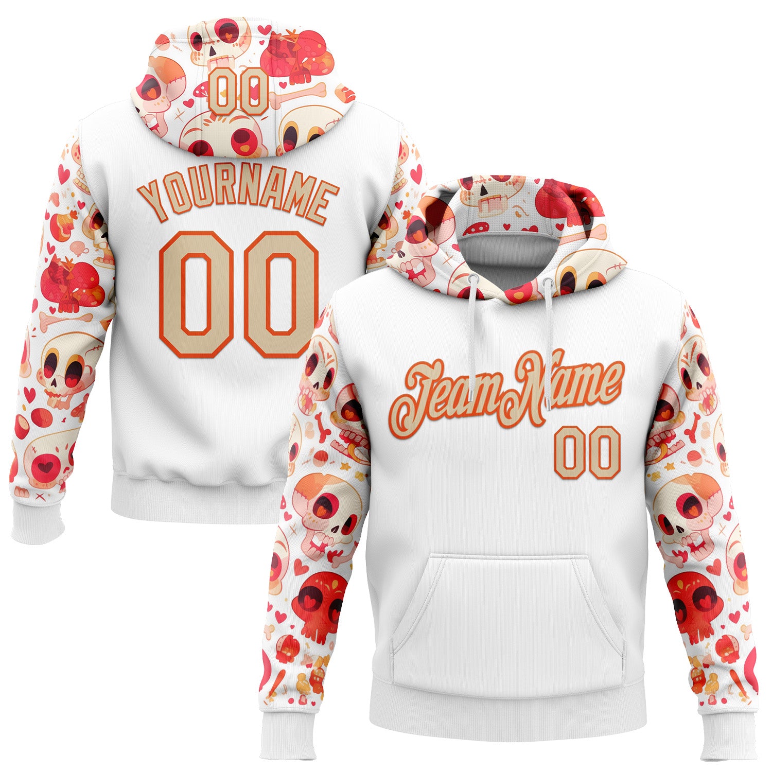 FansIdea Custom White City Cream-Orange 3D Skull Heart Sports Pullover Sweatshirt Hoodie - $32.99 at Proof Eyewear