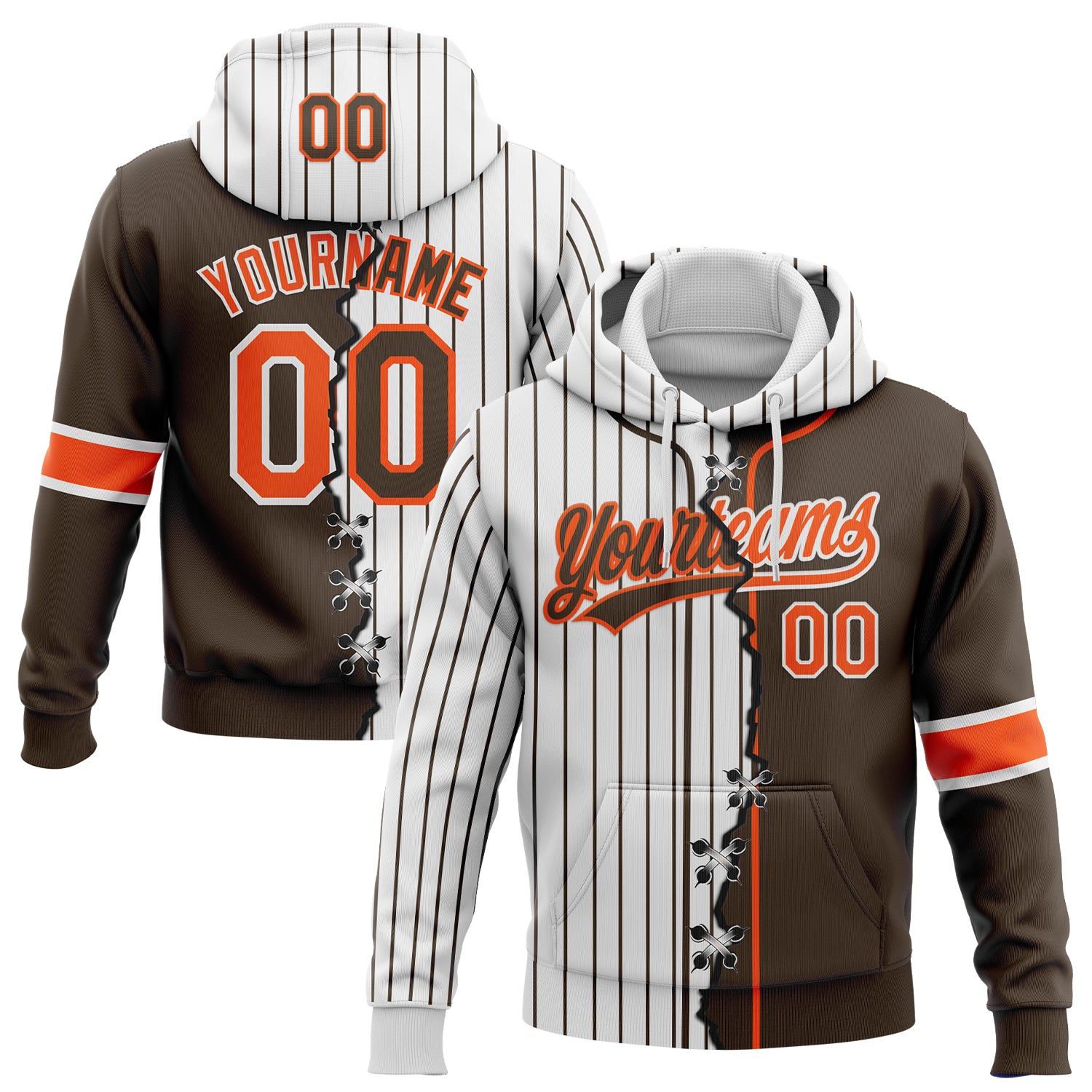 FansIdea Custom White Brown Pinstripe-Orange Split Ripped Pattern Baseball Pullover Sweatshirt Hoodie - $32.99 at Proof Eyewear