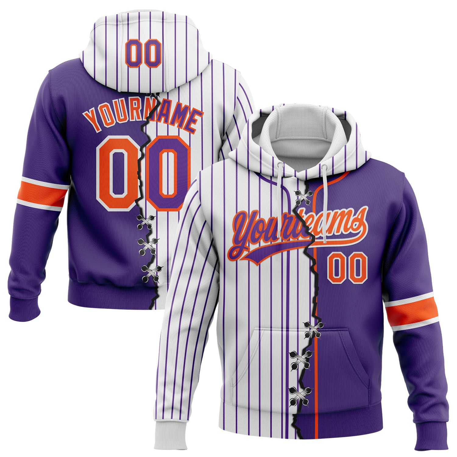 FansIdea Custom White Purple Pinstripe-Orange Split Ripped Pattern Baseball Pullover Sweatshirt Hoodie - $32.99 at Proof Eyewear