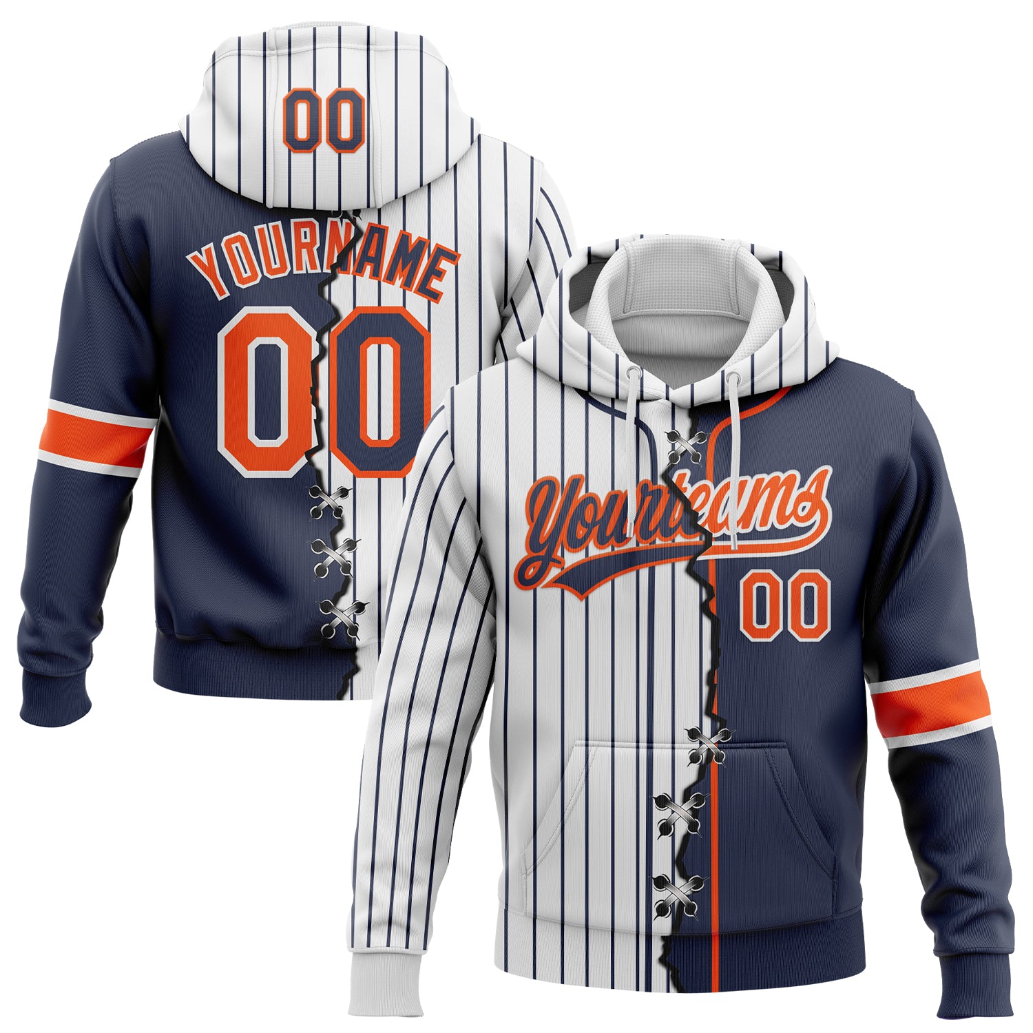 FansIdea Custom White Navy Pinstripe-Orange Split Ripped Pattern Baseball Pullover Sweatshirt Hoodie - $32.99 at Proof Eyewear
