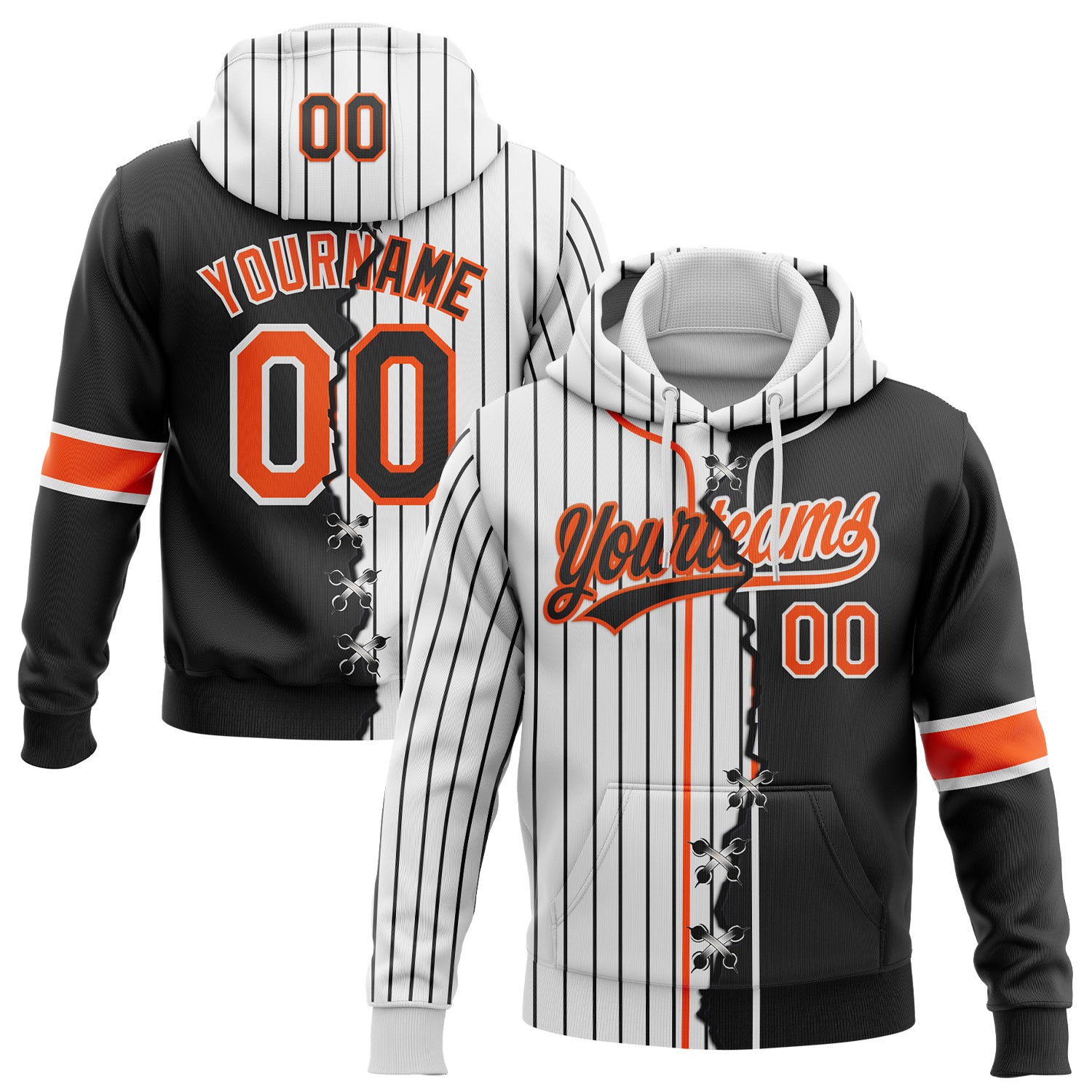 FansIdea Custom White Black Pinstripe-Orange Split Ripped Pattern Baseball Pullover Sweatshirt Hoodie - $32.99 at Proof Eyewear