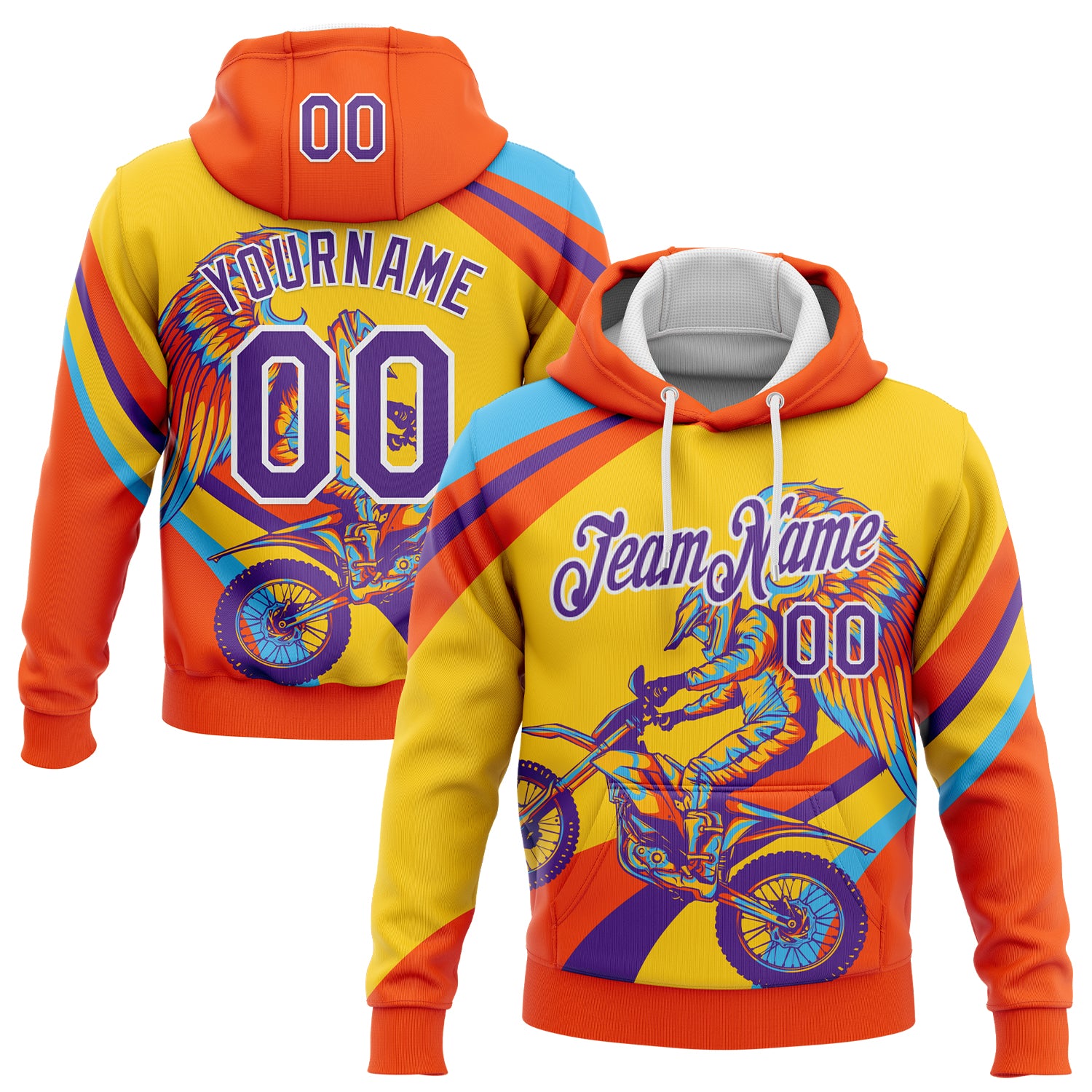 FansIdea Custom Stitched Yellow Purple Orange-White 3D Pattern Design Motorcycle Motocross Racing Sports Pullover Sweatshirt Hoodie - $32.99 at Proof Eyewear