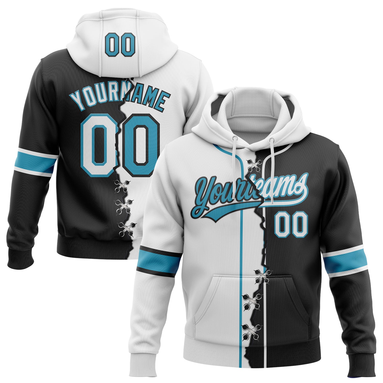 FansIdea Custom Black White-Panther Blue Split Ripped Pattern Baseball Pullover Sweatshirt Hoodie - $32.99 at Proof Eyewear