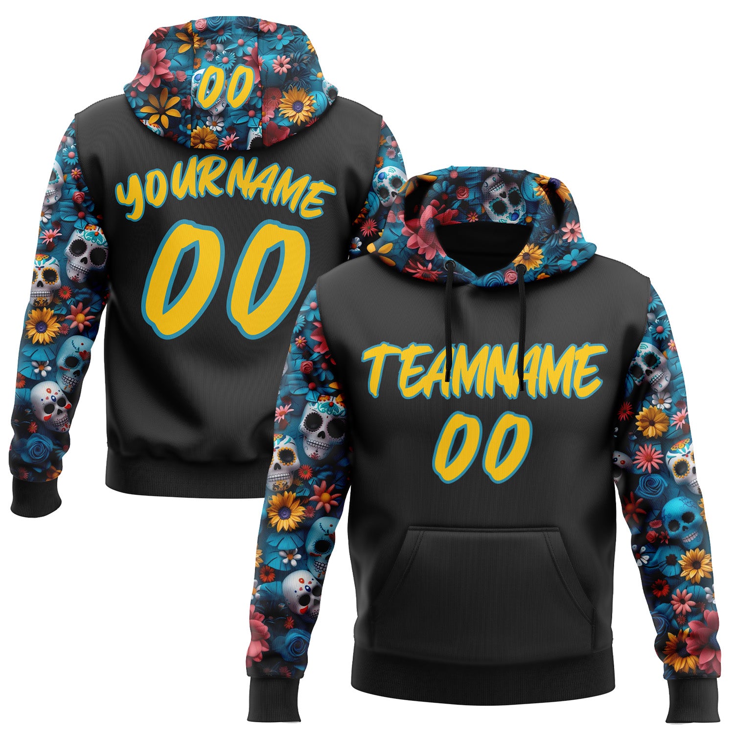 FansIdea Custom Black Yellow-Panther Blue 3D Skull Calavera Day Of The Dead Dia de los Muertos Sports Pullover Sweatshirt Hoodie - $32.99 at Proof Eyewear