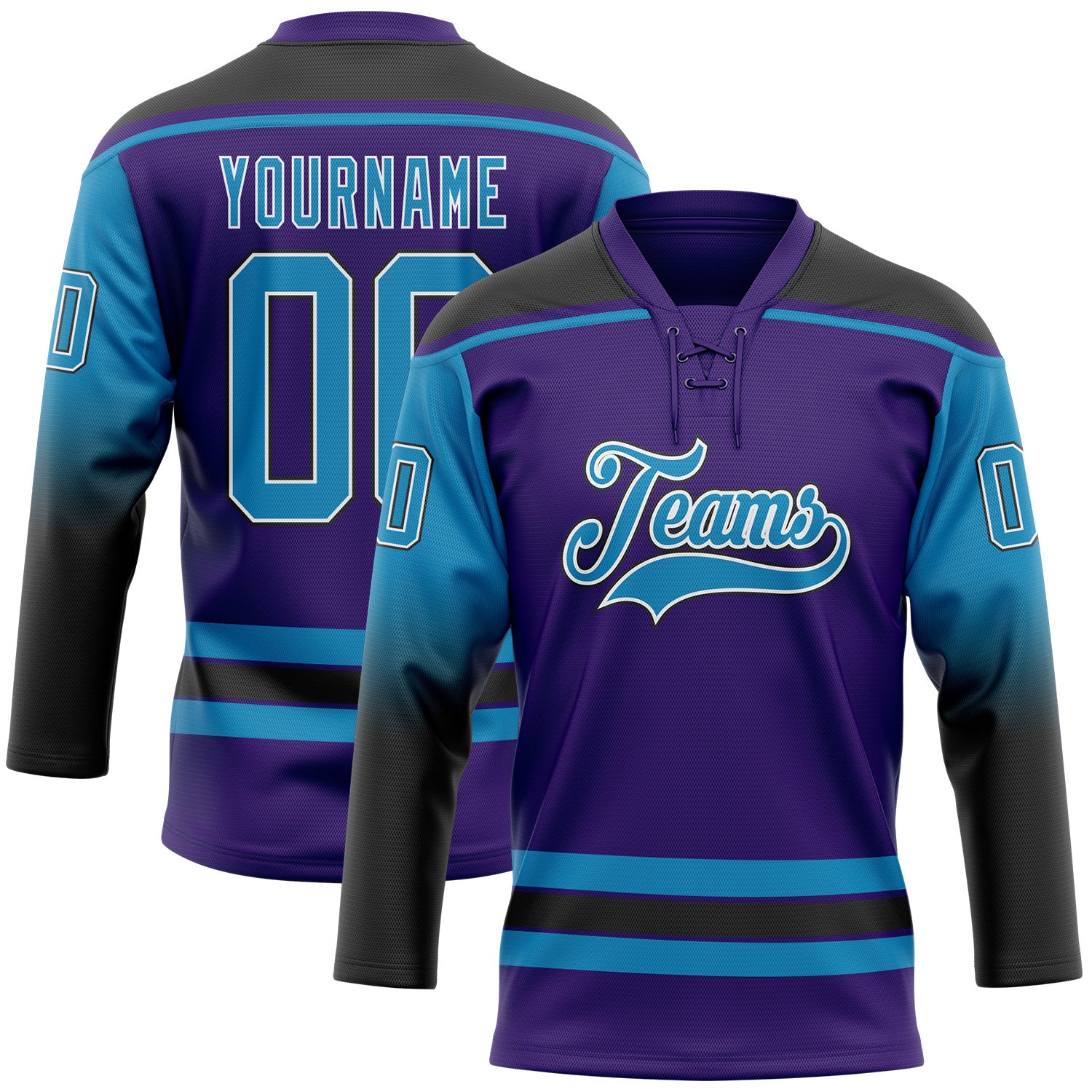 FansIdea Custom Purple Panther Blue Black-White Gradient Sleeves Lace Neck Hockey Jersey - $29.99 at Proof Eyewear