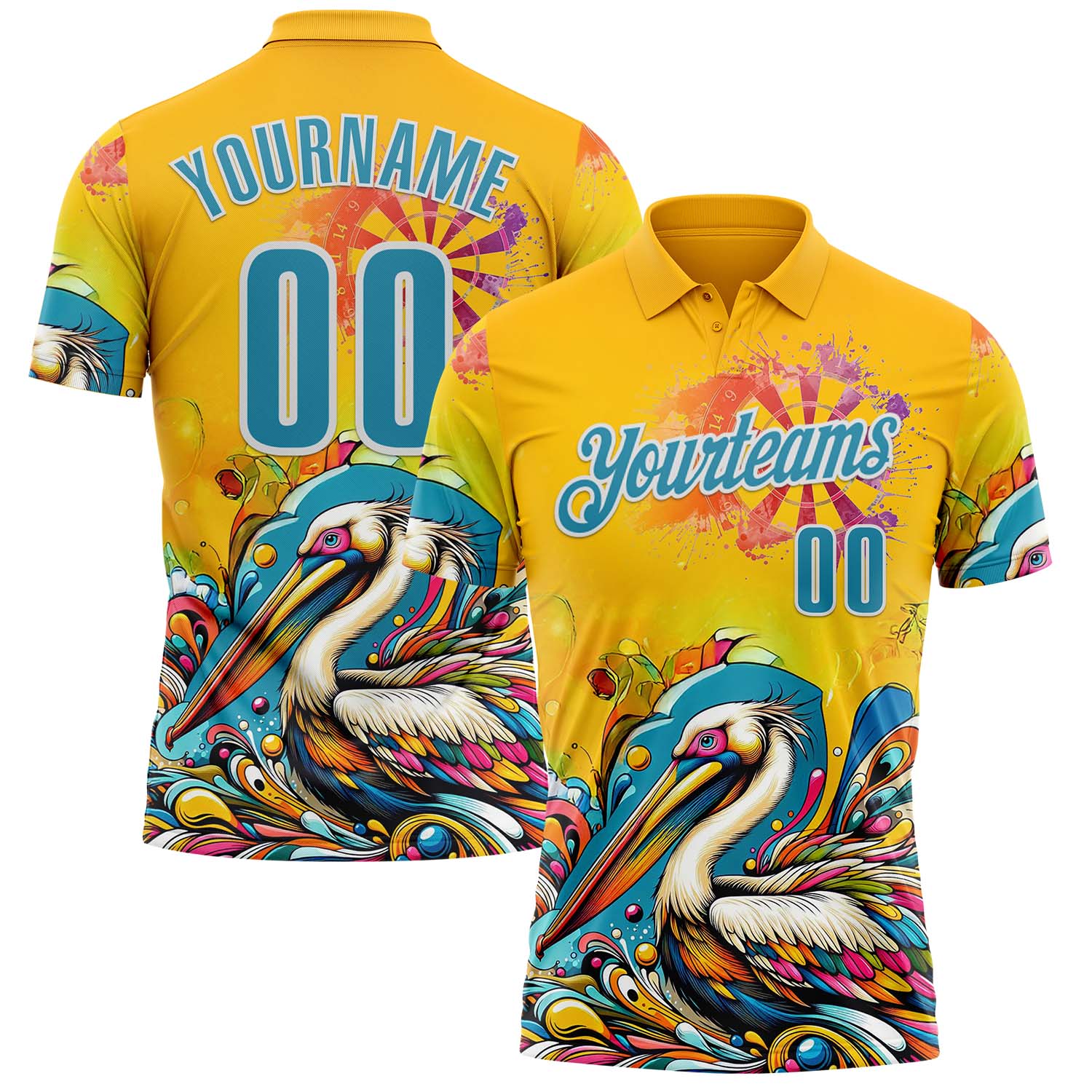 FansIdea Custom Yellow Panther Blue-White Darts Tropical Pelican Dartboard Performance Polo Shirt - $19.99 at Proof Eyewear