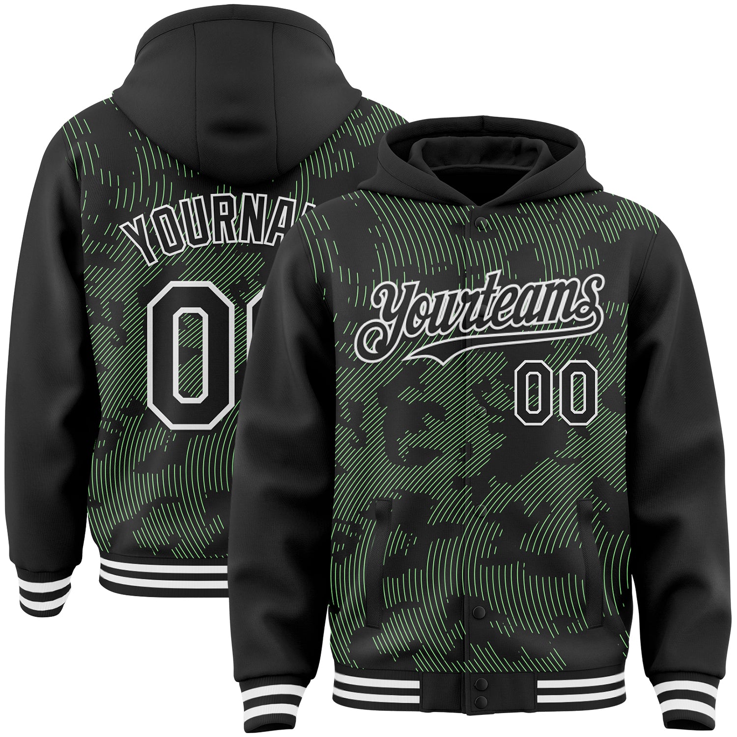 FansIdea Custom Black Pea Green-White Curve Lines Bomber Full-Snap Varsity Letterman Hoodie Jacket - $38.99 at Proof Eyewear