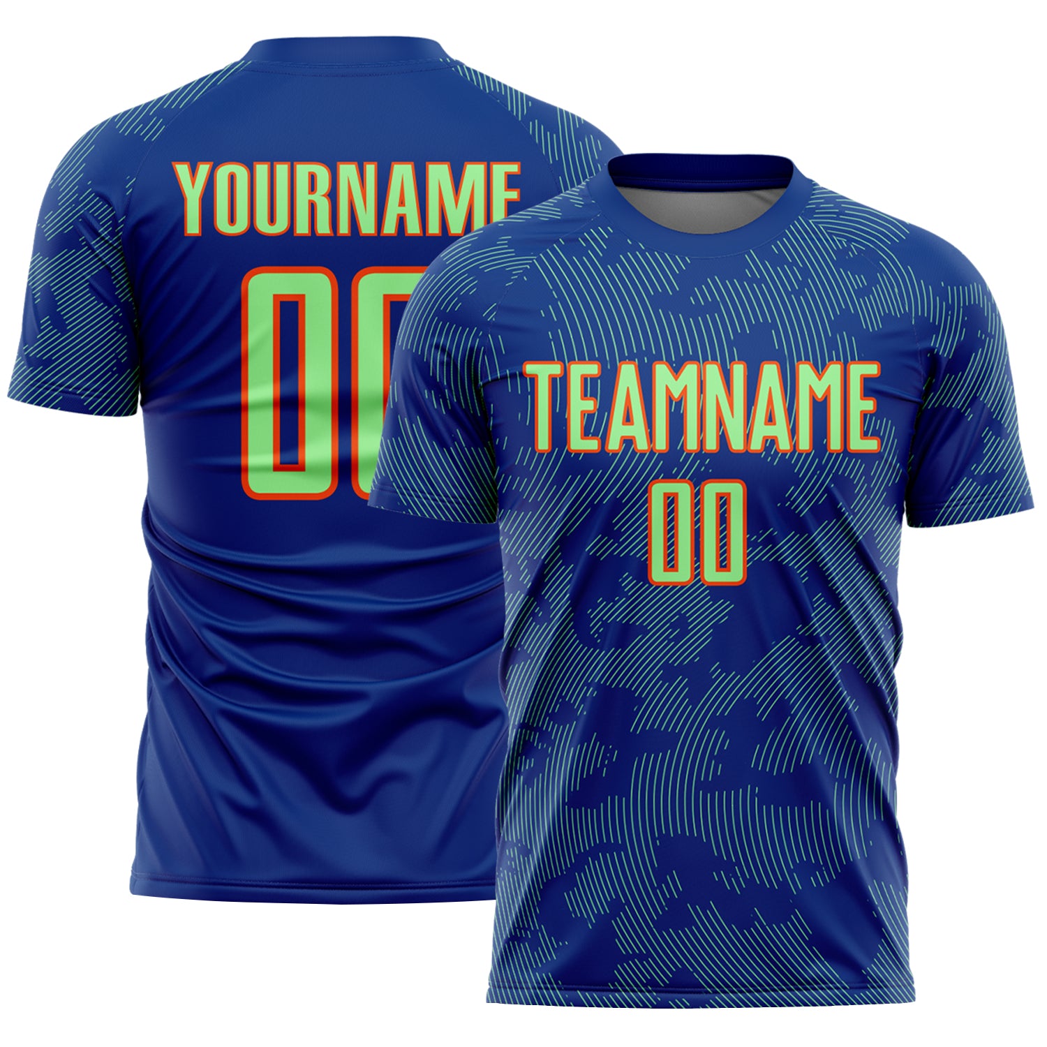 FansIdea Custom Royal Pea Green-Orange Curve Lines Sublimation Soccer Uniform Jersey - $16.99 at Proof Eyewear