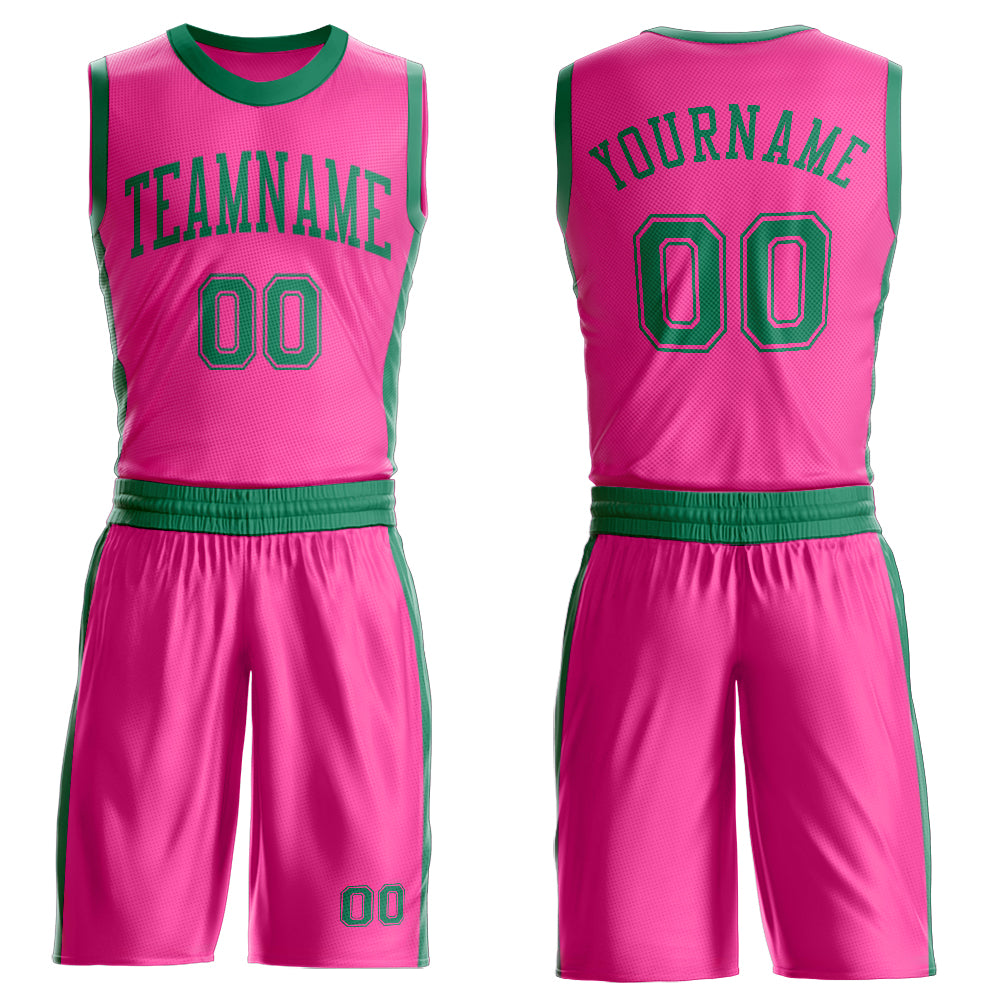 FansIdea Custom Pink Kelly Green Round Neck Basketball Uniform Jersey - $24.99 at Proof Eyewear