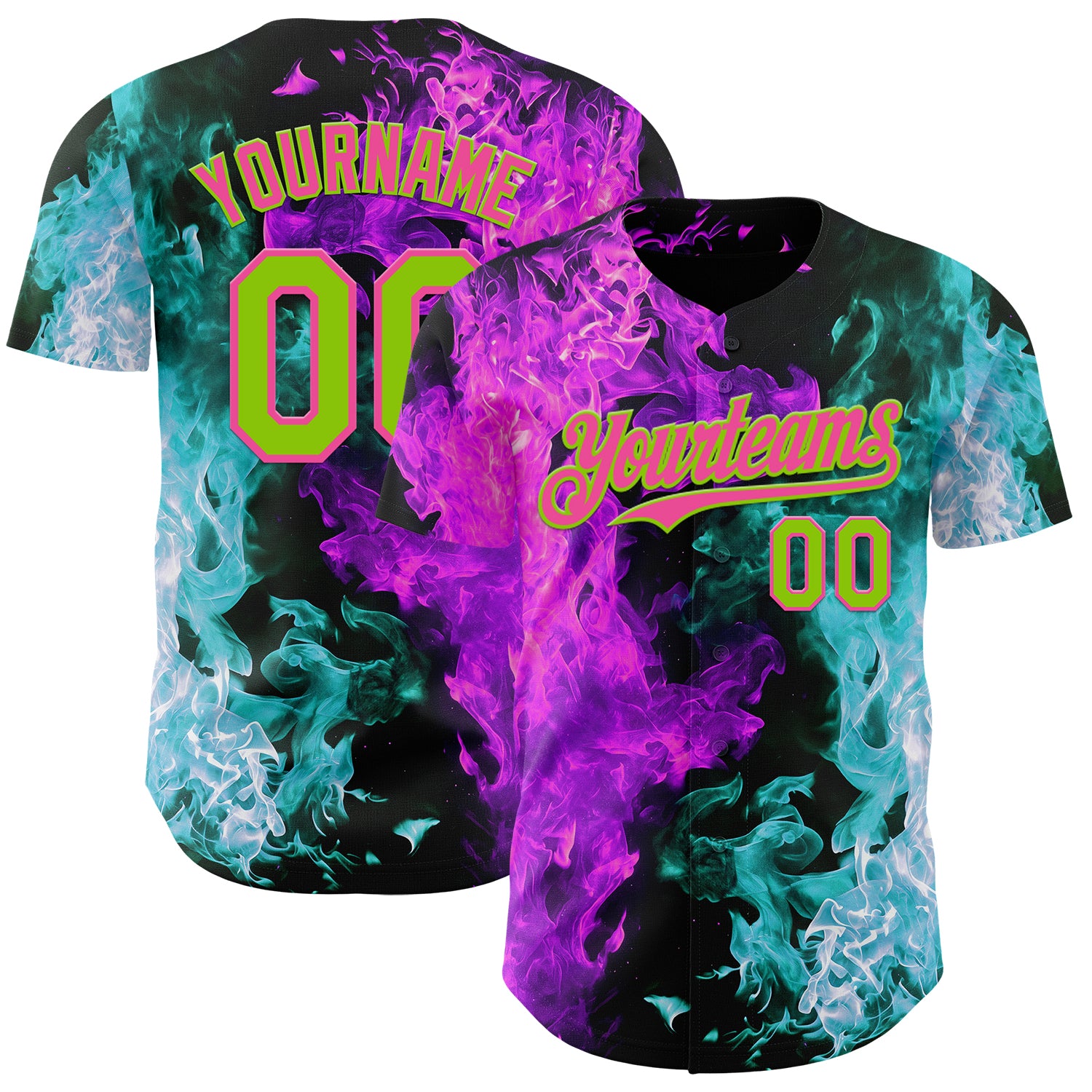 FansIdea Custom Black Neon Green Ice Blue Purple-Pink Flame Split Fire Authentic Baseball Jersey - $29.99 at Proof Eyewear