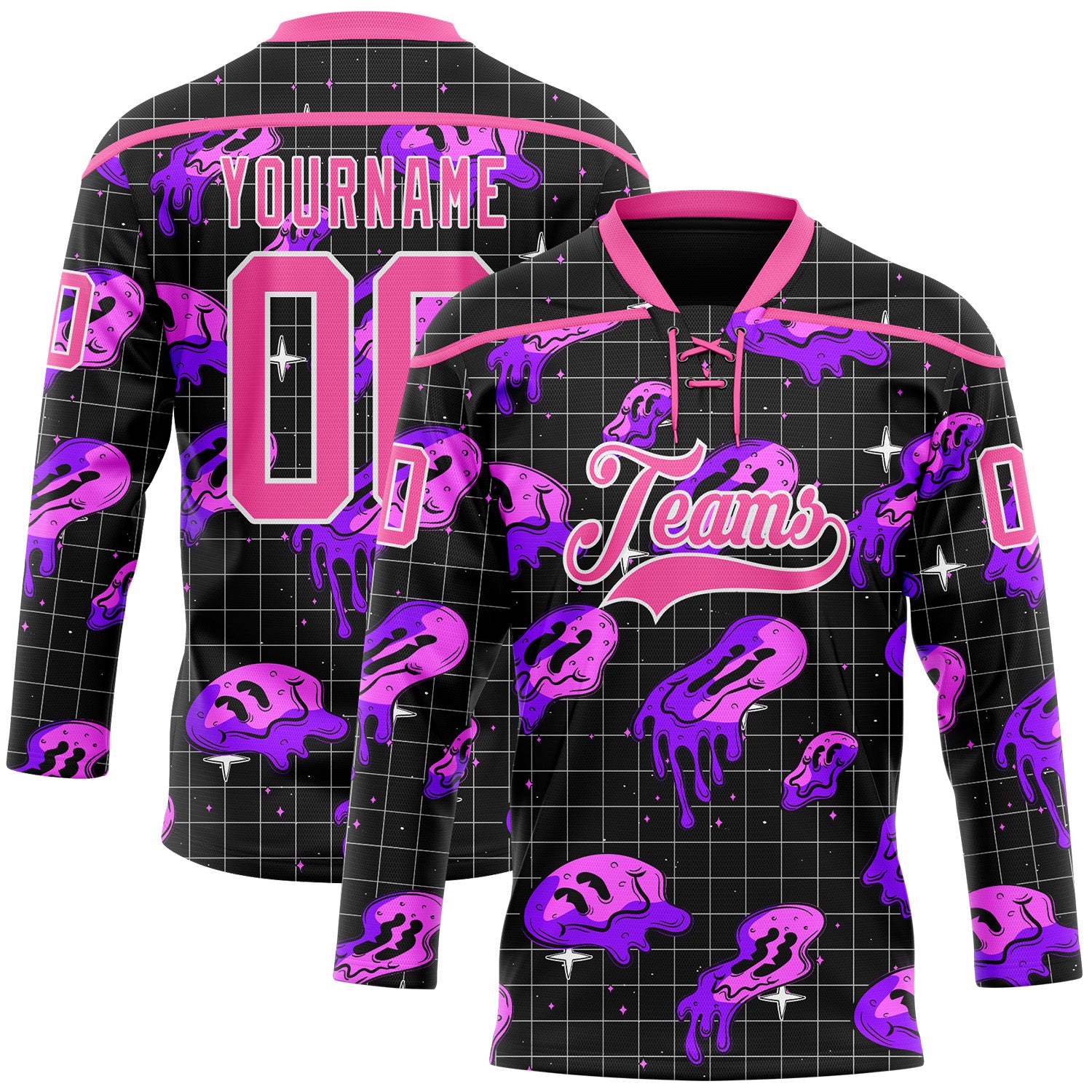 FansIdea Custom Black Pink Purple-White Melting Rave Psychedelic Checkerboard Lace Neck Hockey Jersey - $29.99 at Proof Eyewear
