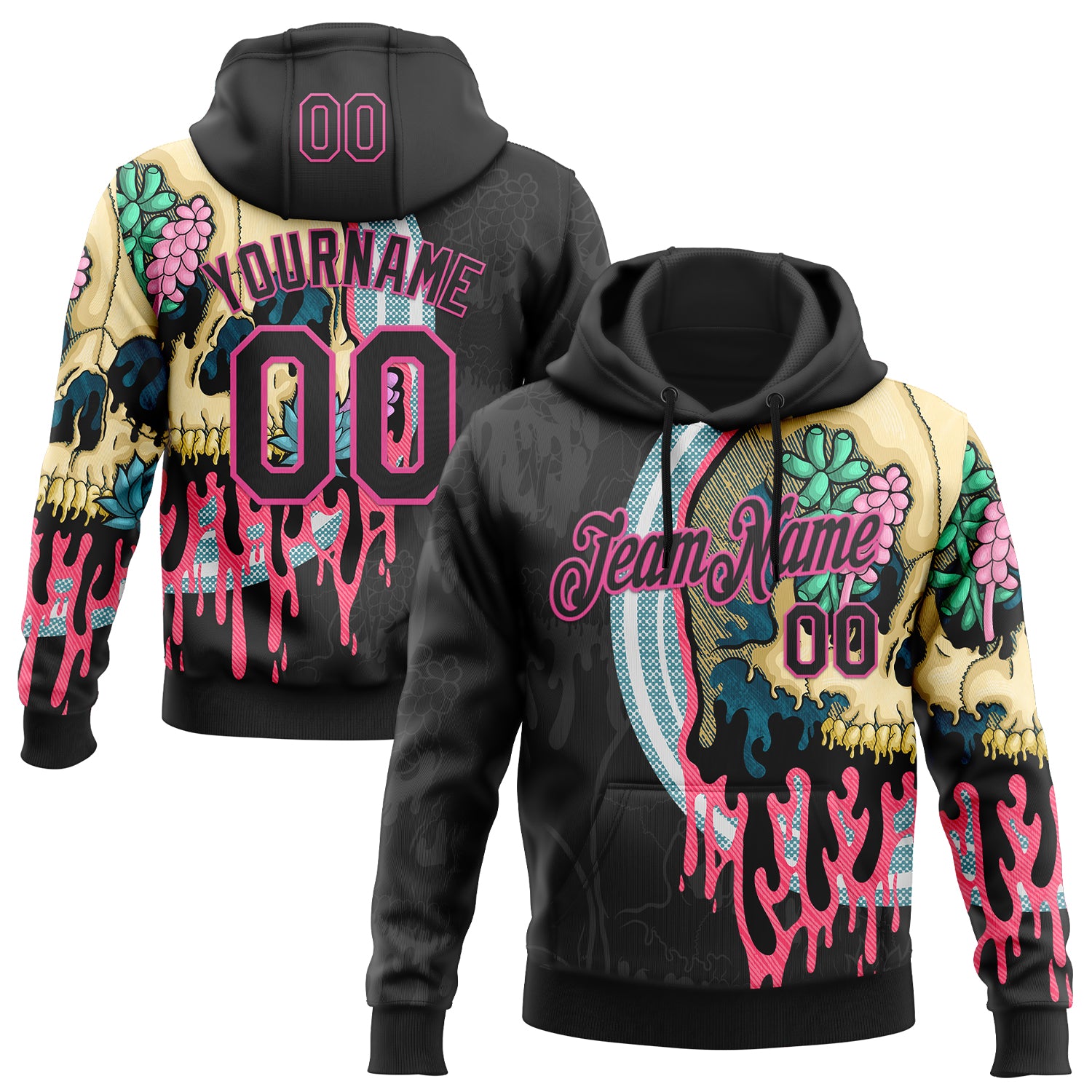 Custom Stitched Black Black-Pink 3D Illymakes Drippy Succulent Skull Sports Pullover Sweatshirt Hoodie