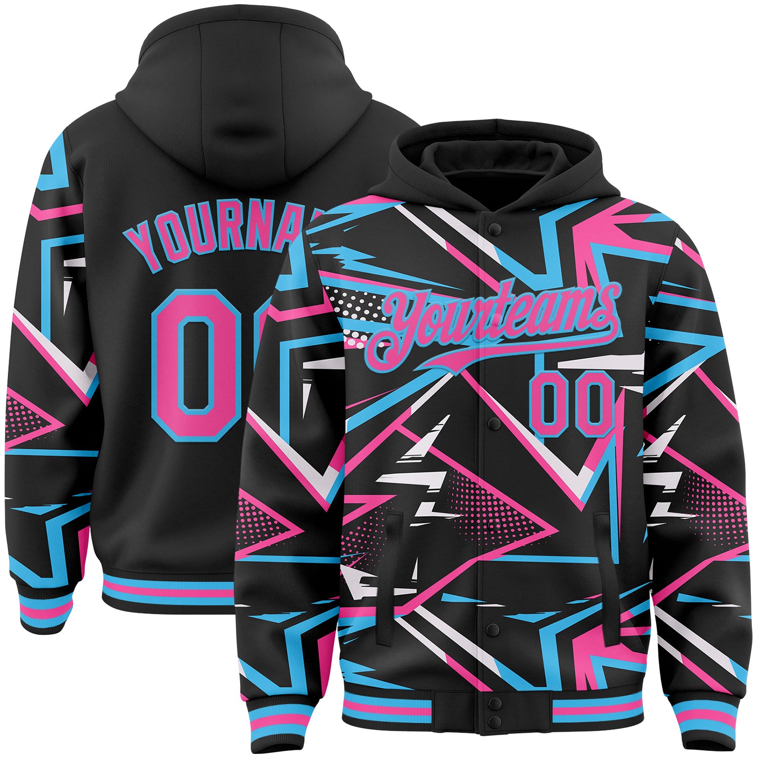 FansIdea Custom Black Pink-Sky Blue Dynamic Geometric Shard Bomber Full-Snap Varsity Letterman Hoodie Jacket - $38.99 at Proof Eyewear