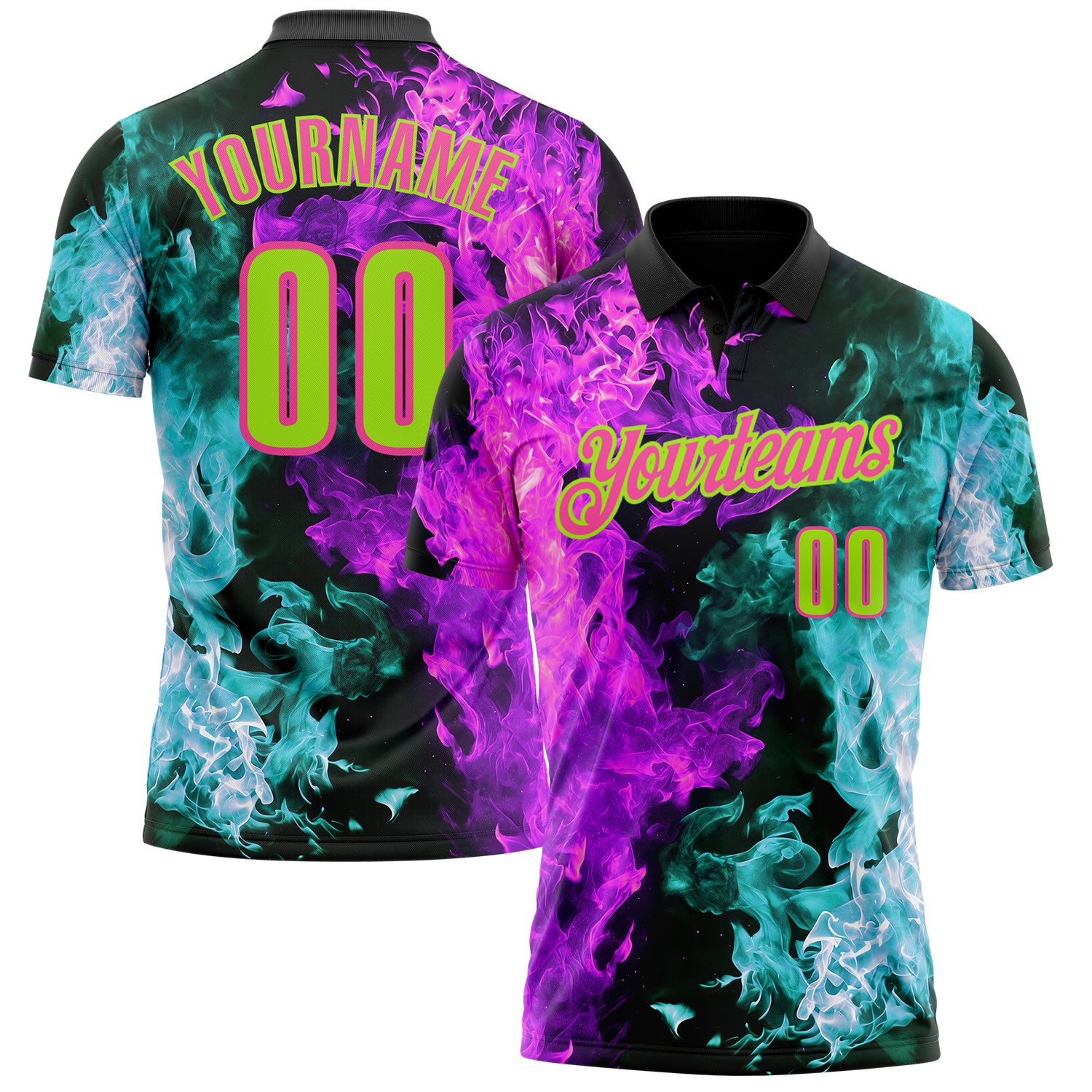 FansIdea Custom Black Neon Green Ice Blue Purple-Pink Flame Split Fire Performance Polo Shirt - $19.99 at Proof Eyewear