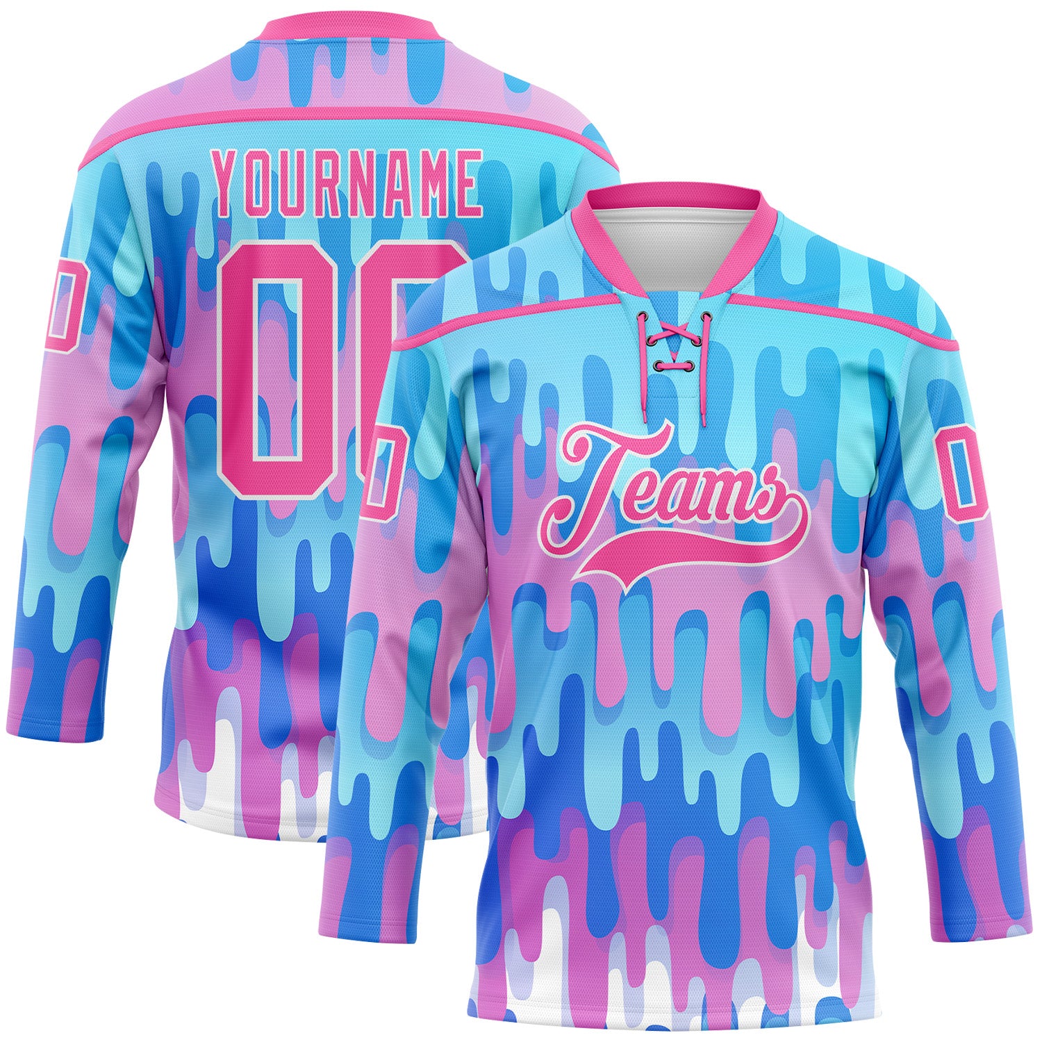 FansIdea Custom Blue Pink-White Melting Gradient Liquid Lace Neck Hockey Jersey - $29.99 at Proof Eyewear