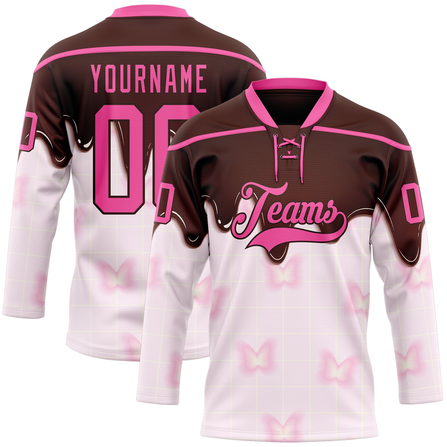 FansIdea Custom Brown-Pink Melting Foodie Chocolate Lace Neck Hockey Jersey - $29.99 at Proof Eyewear