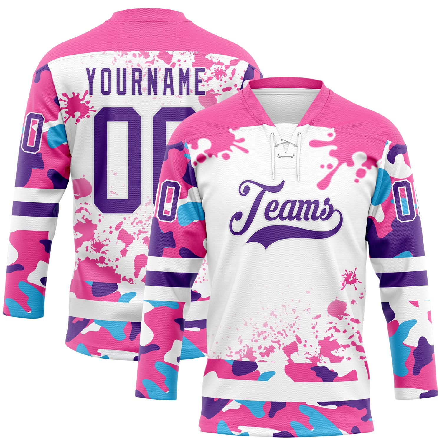 FansIdea Custom Camo Purple Pink-White Splash Hockey Lace Neck Jersey - $29.99 at Proof Eyewear