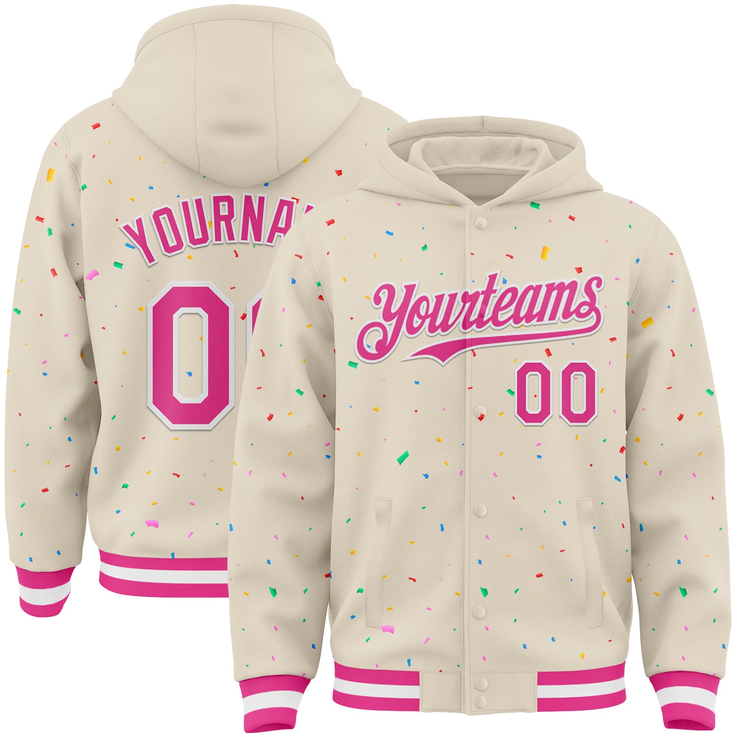 Custom Cream Pink-White Confetti Colorful Speckle 3D Pattern Bomber Full-Snap Varsity Letterman Hoodie Jacket