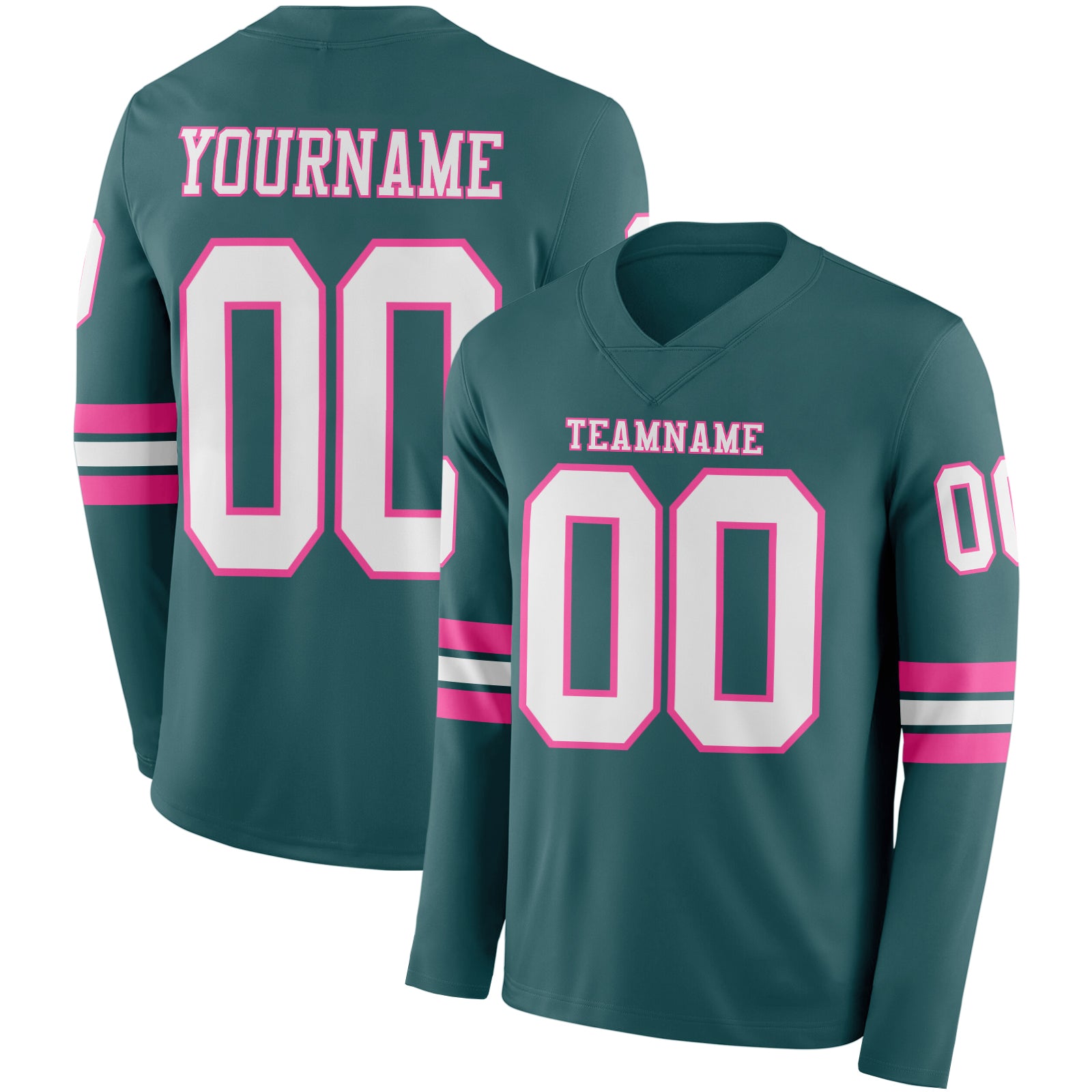 FansIdea Custom Midnight Green White-Pink Long Sleeve Authentic Football Jersey - $24.99 at Proof Eyewear