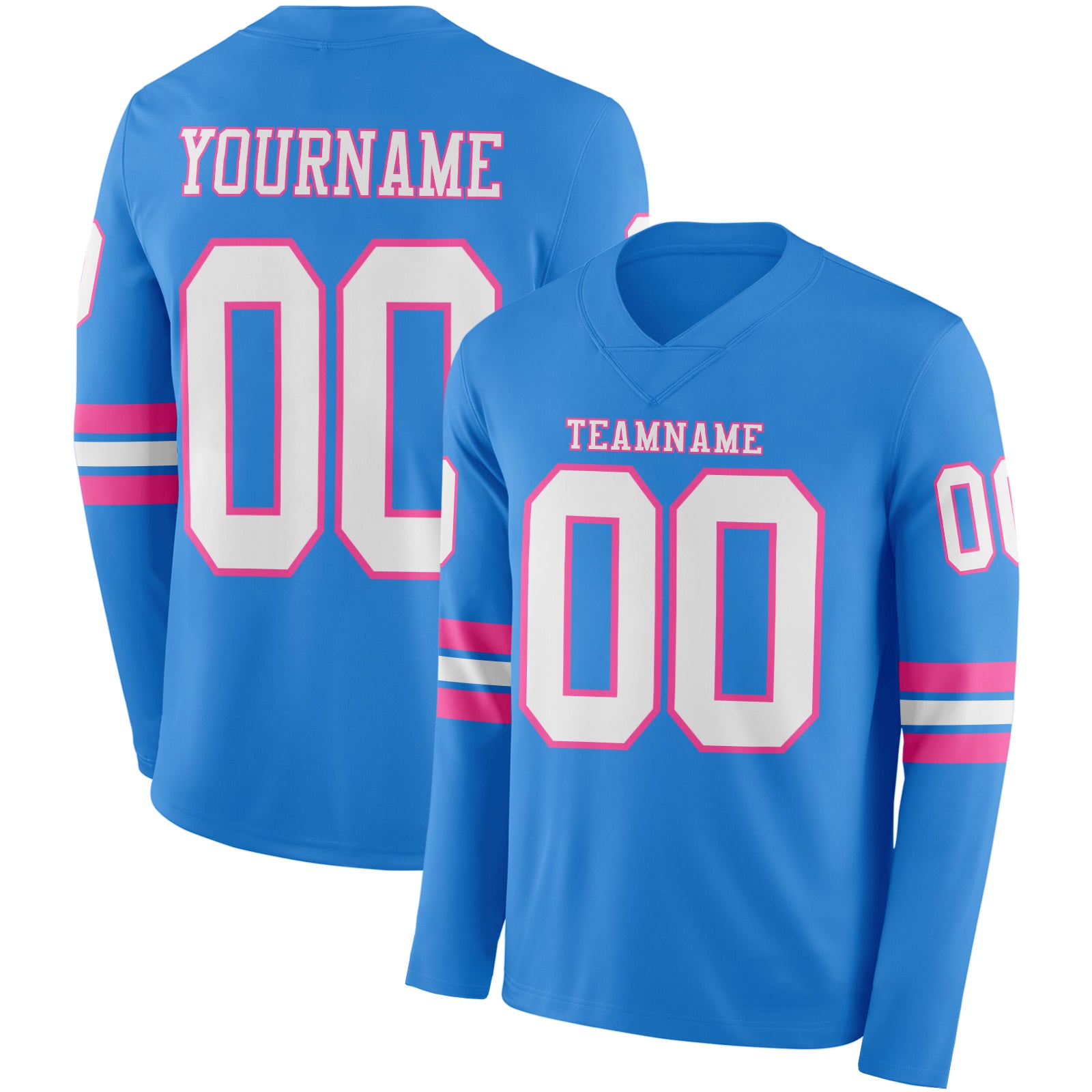 FansIdea Custom Powder Blue White-Pink Long Sleeve Authentic Football Jersey - $24.99 at Proof Eyewear