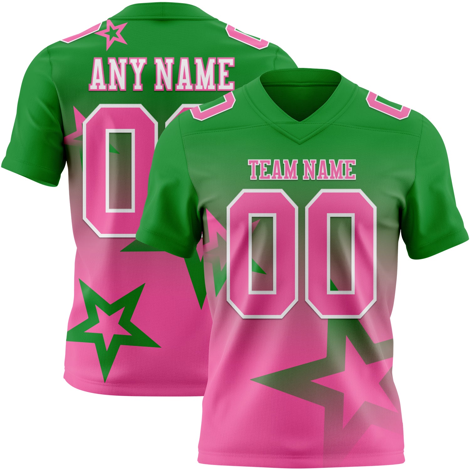 FansIdea Custom Grass Green Pink-White Authentic Gradient Style Twinkle Star Football Jersey - $19.99 at Proof Eyewear