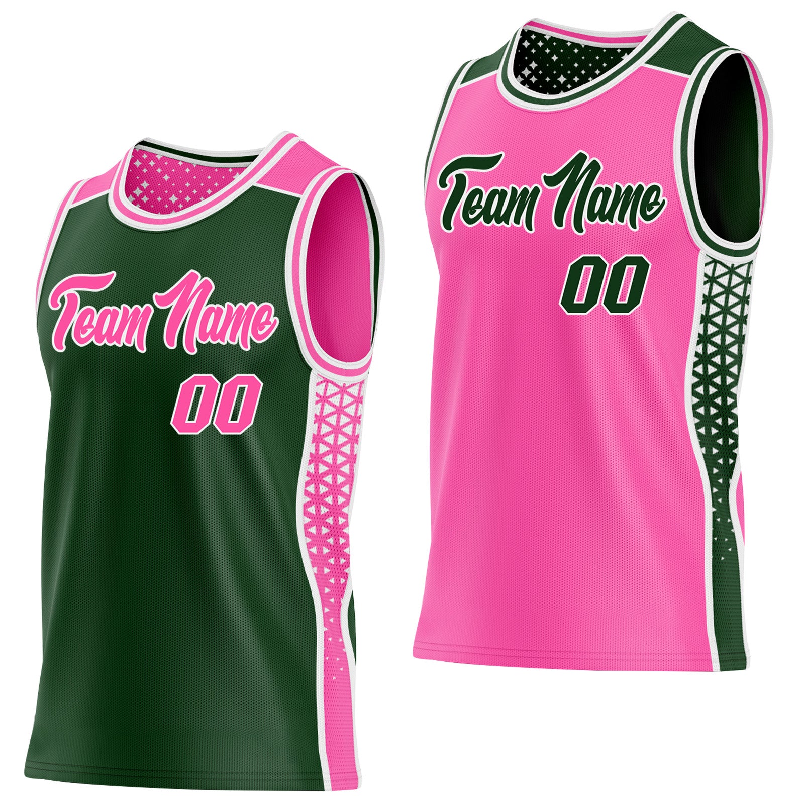FansIdea Custom Green Pink-White Side Panel Stripe Geometric Triangle Gradient Dot Reversible Double Side Sublimation Basketball Set Jersey - $17.99 at Proof Eyewear