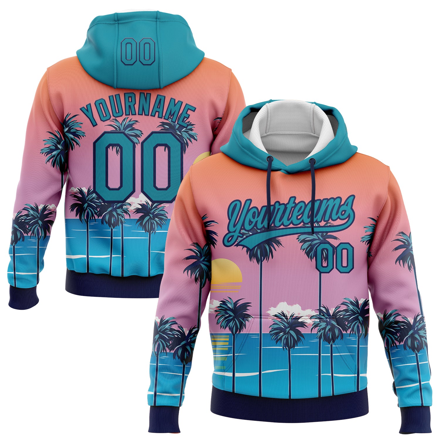 FansIdea Custom Stitched Orange Teal Pink Blue-Navy 3D Sun Beach Hawaii Palm Trees Sports Pullover Sweatshirt Hoodie - $32.99 at Proof Eyewear