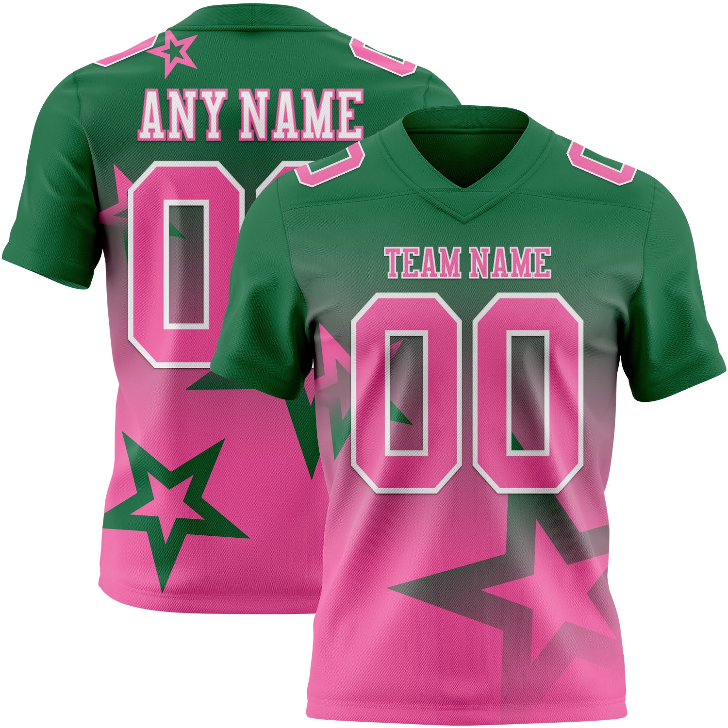 FansIdea Custom Kelly Green Pink-White Authentic Gradient Style Twinkle Star Football Jersey - $19.99 at Proof Eyewear