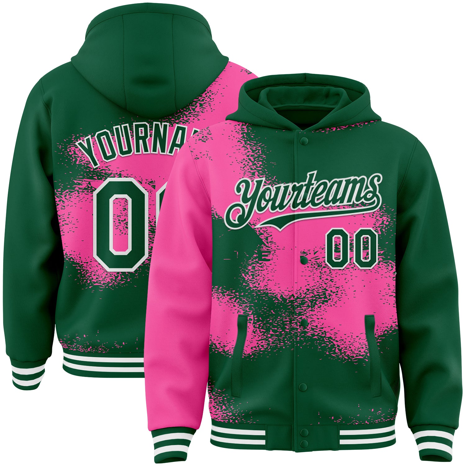 FansIdea Custom Kelly Green Pink-White Abstract Color Blocks Fragment Pattern Bomber Full-Snap Varsity Letterman Hoodie Jacket - $38.99 at Proof Eyewear