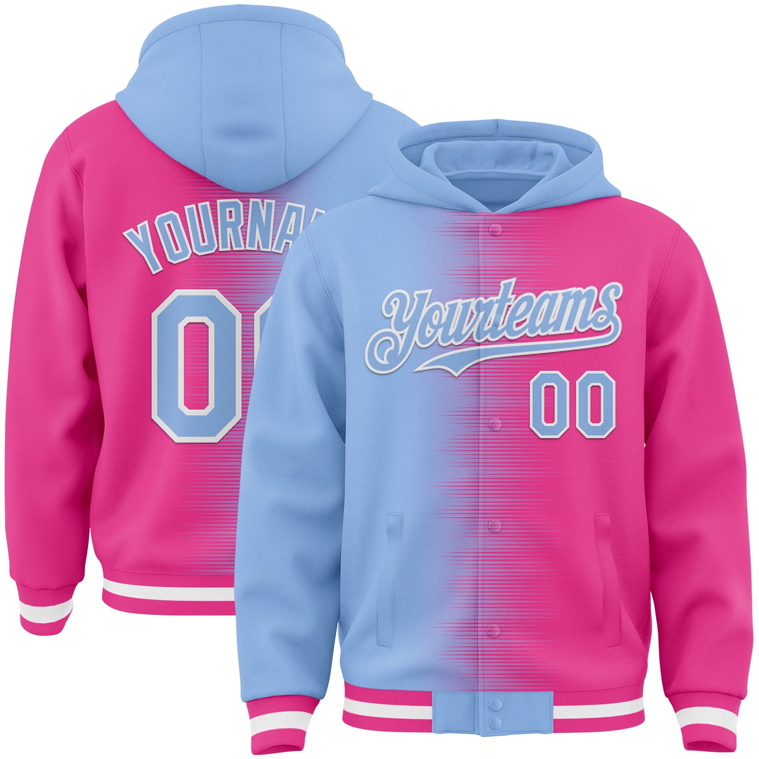 FansIdea Custom Light Blue Pink-White Gradient Line Bomber Full-Snap Varsity Letterman Hoodie Jacket - $38.99 at Proof Eyewear