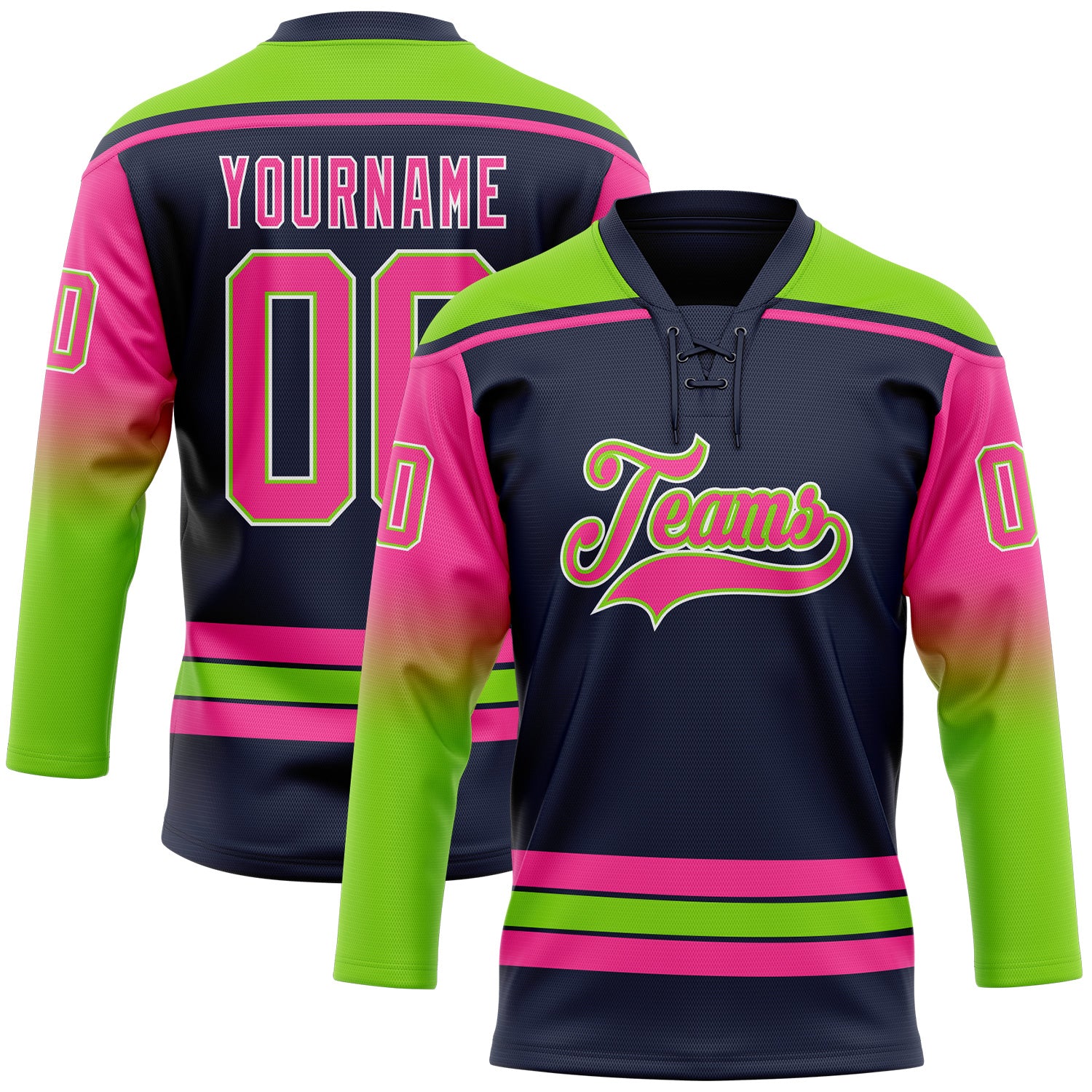 FansIdea Custom Navy Pink Neon Green-White Gradient Sleeves Lace Neck Hockey Jersey - $29.99 at Proof Eyewear